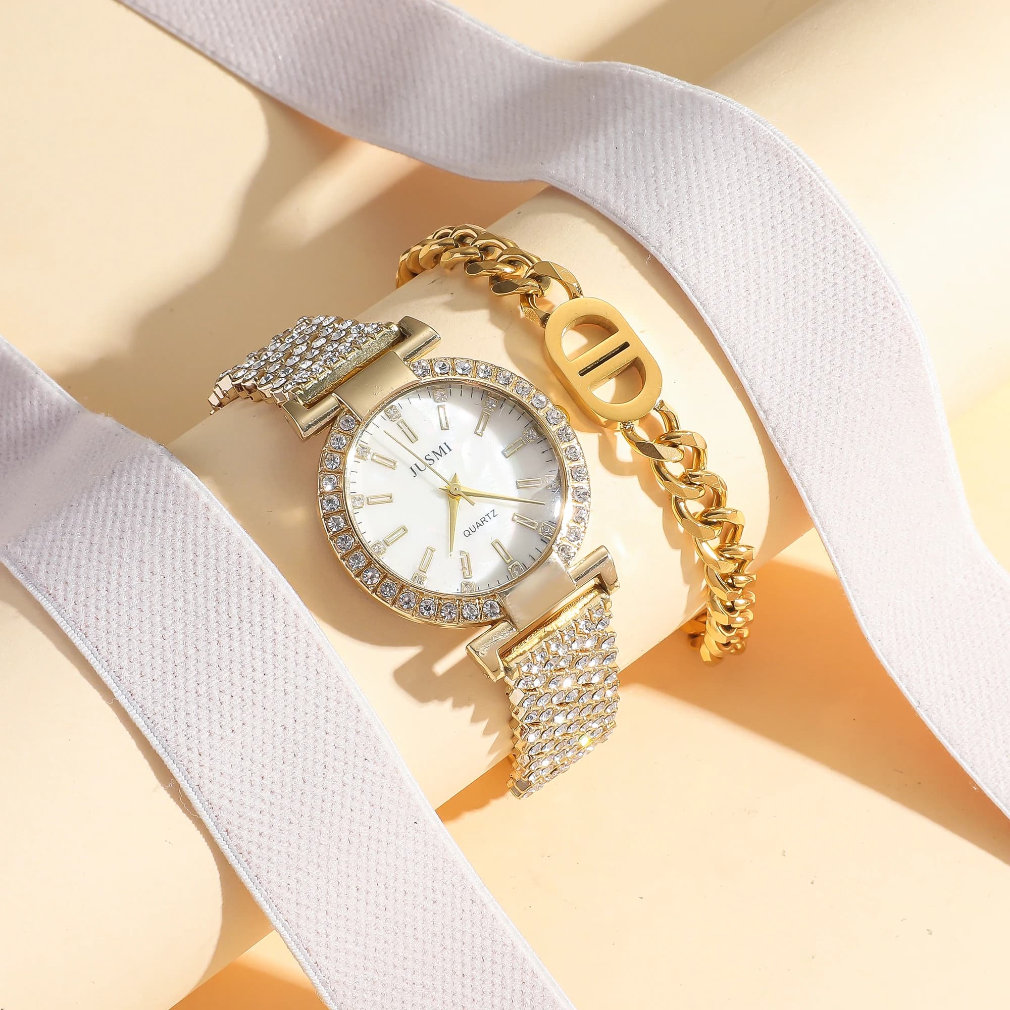 2 pieces/set simple women's quartz watches with round diamonds set of jewelry with simple bracelet suitable for party gifts