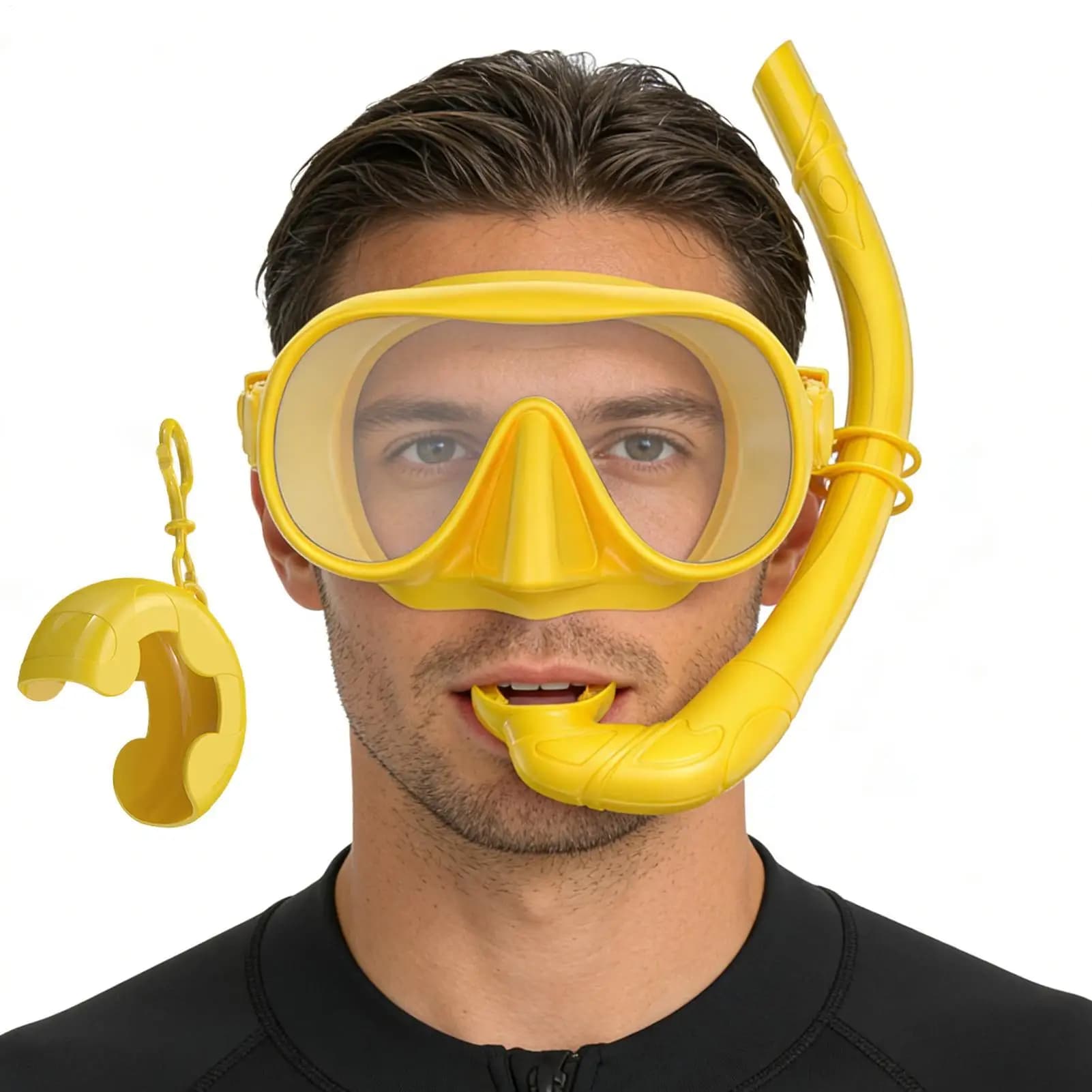 Attrezzatura per Snorkeling per Adulti, Maschera Panoramica Anti-Perdita con Scatola Portaoggetti, Cinturino Regolabile, Set Snorkel Pieghevole per Allenamento di Nuoto