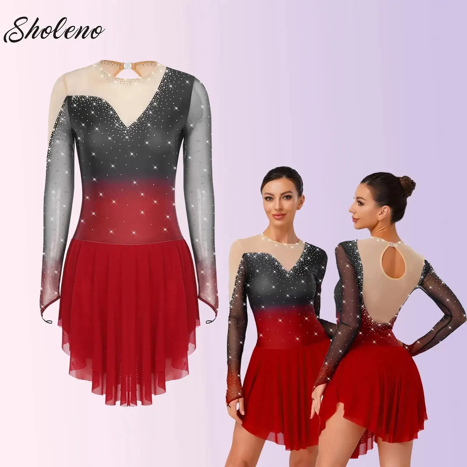 Body da pattinaggio di figura con gonna da donna, danza latina lirica, balletto, ginnastica, vestito, costume da competizione in rete lucida