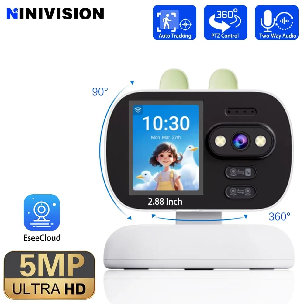 Videochiamata con telecamere IP WiFi PTZ da 5 MP con schermo IPS da 2,88 pollici Baby One Click Call 360 ° Controllo telecamera IP di sicurezza Baby monitor 2K