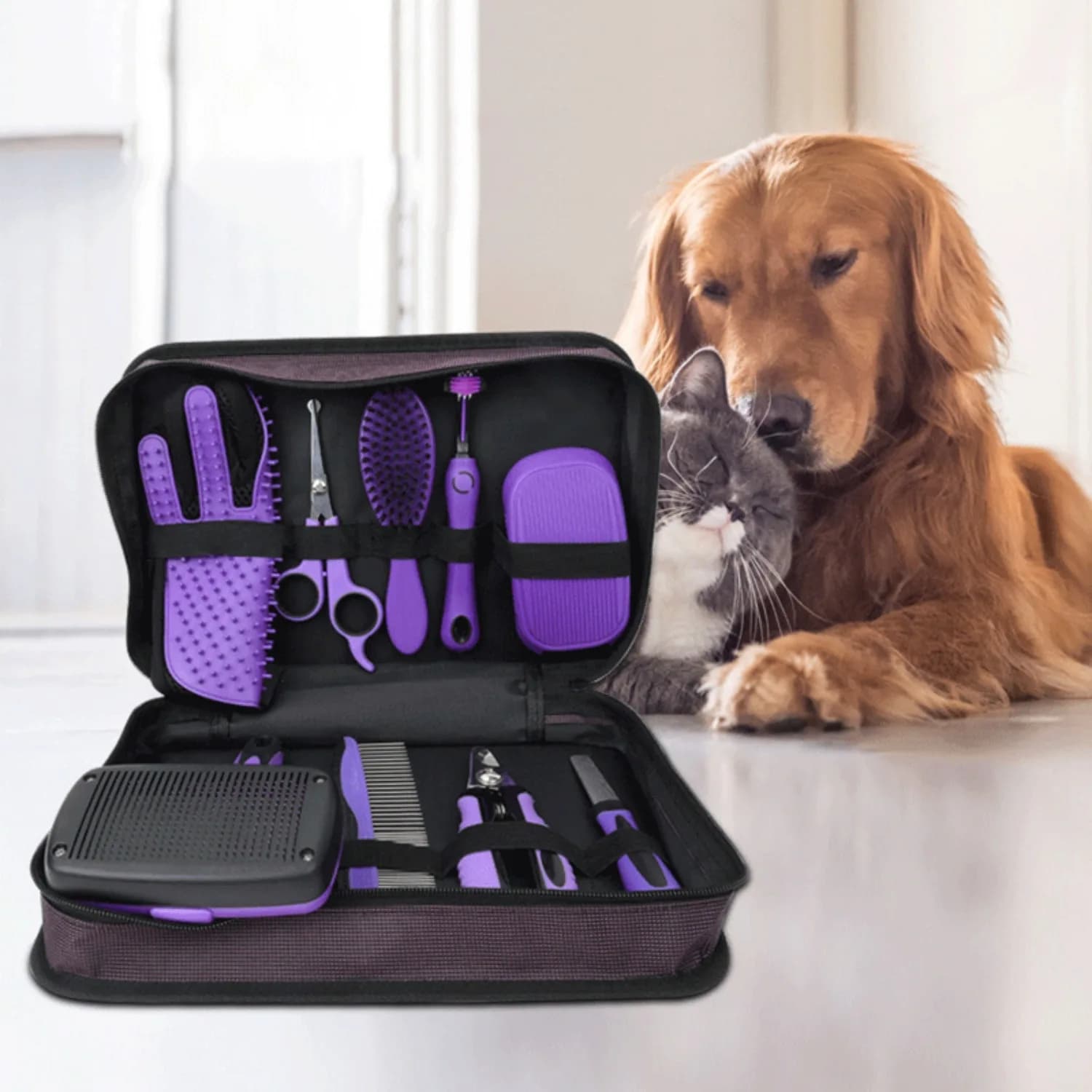 9Pcs Complete Pet Grooming Set With Hair Removal Comb Grooming Gloves Shampoo Brush Nail Clippers And Toothbrush For Dogs Cats