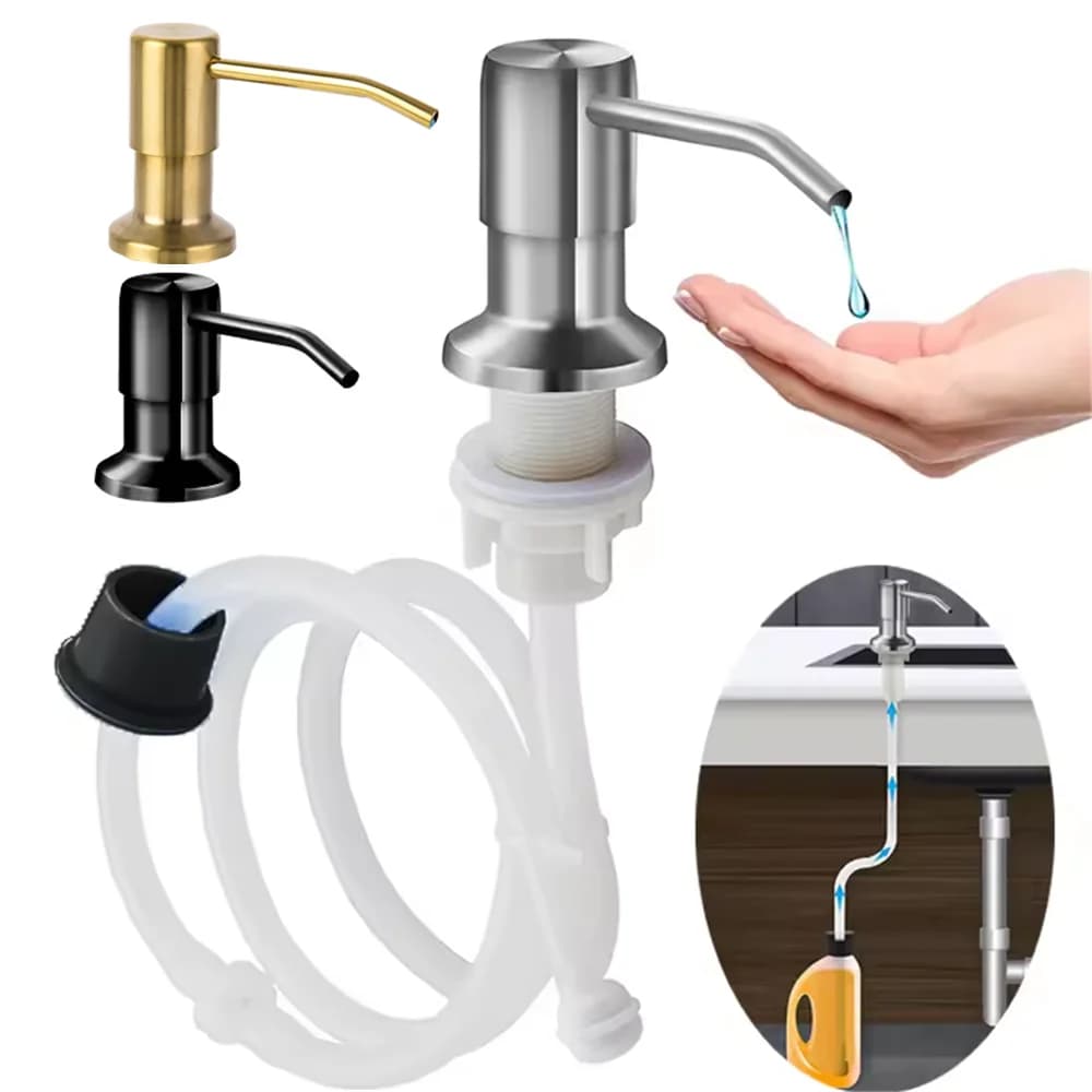 Dispenser di Sapone per Lavello da Cucina in Acciaio Inox con Pompa Integrata, Erogatore Manuale di Detersivo Liquido con Tubo da 100cm/Bottiglia da 350ml