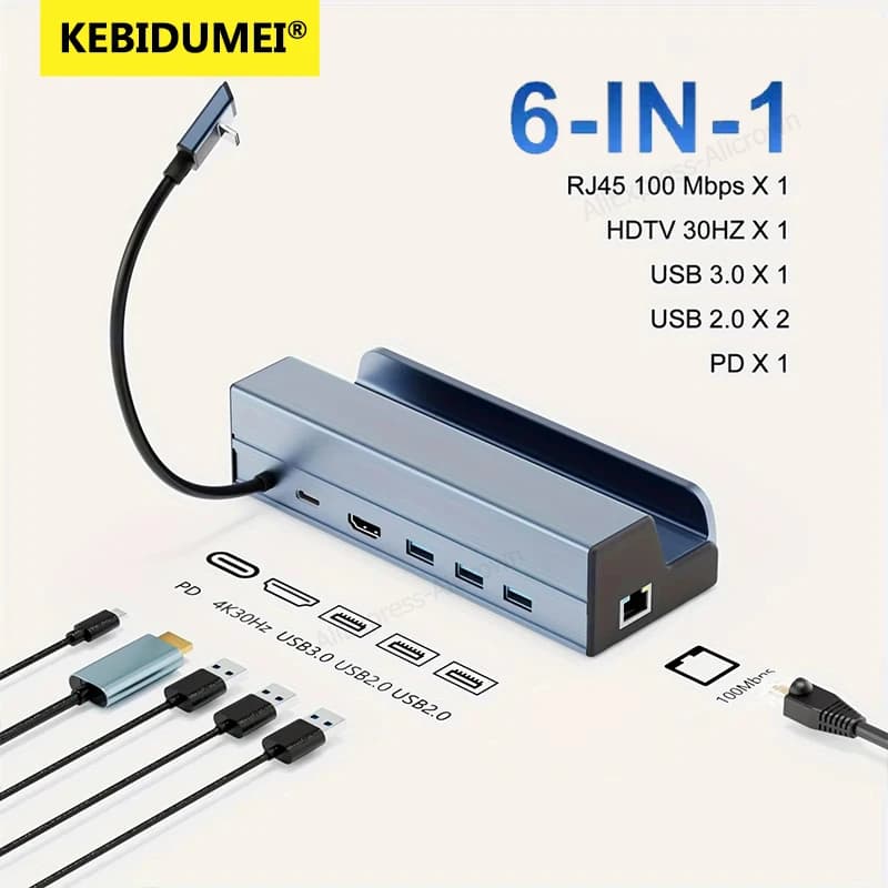 KEBIDUMEI Docking Station USB C 6-in-1 per Steam Deck/Rog Ally, Ethernet RJ45 100Mbps, USB 3.0, HDTV 4K@60Hz, PD 100W per ROG Ally
