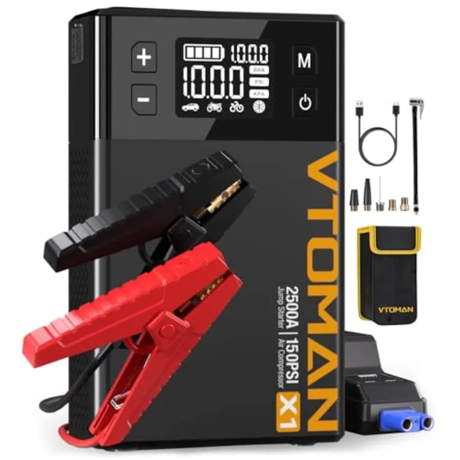 Avviatore di Emergenza X1 con Compressore d'Aria per Batterie Auto 12V, Nero, per Motori Benzina fino a 8.5L/Diesel fino a 6L, Gonfiatore Pneumatici Auto 150PSI