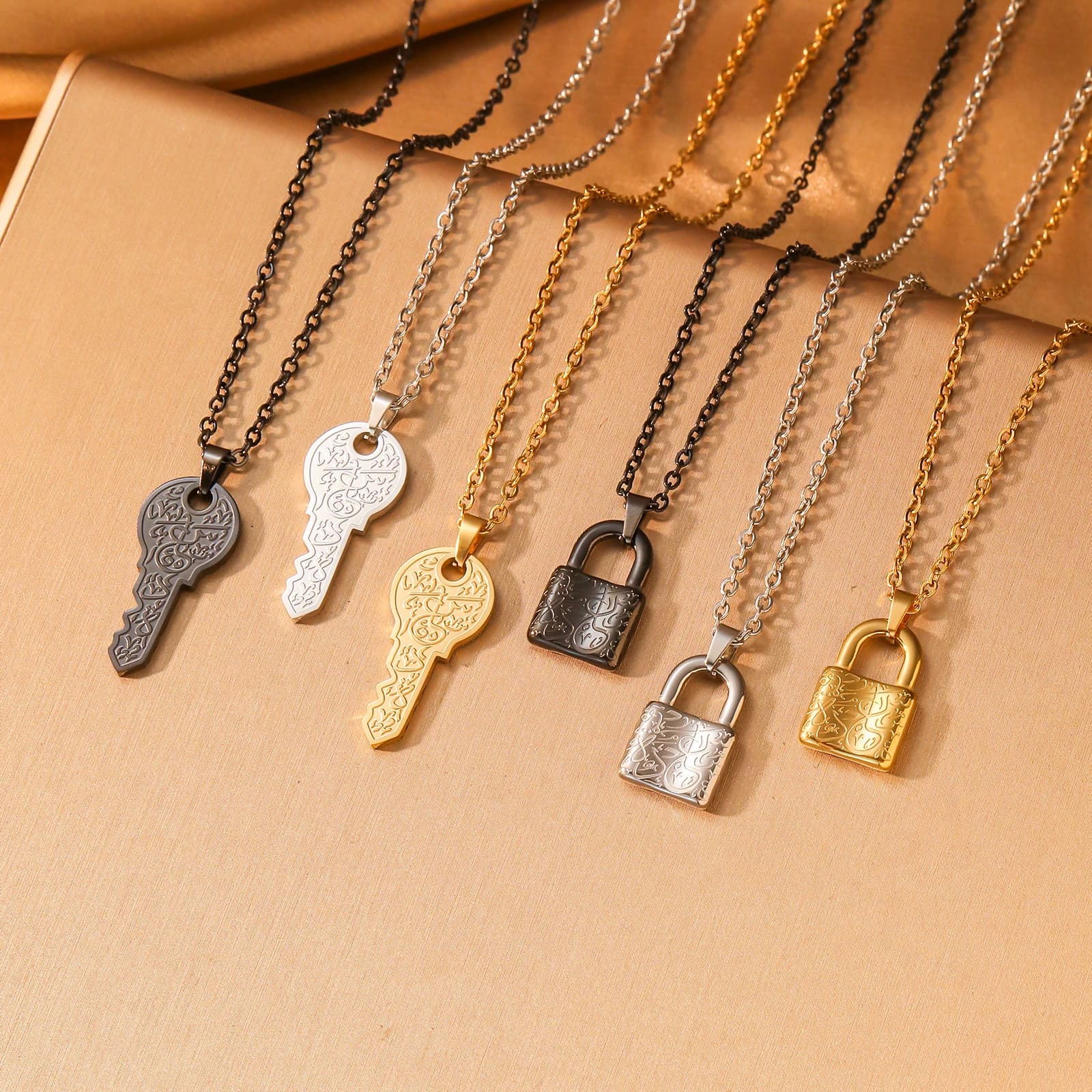 304 Stainless Steel Arabic Islamic Lock & Key Pendant Necklace Unisex Jewelry for Valentine's Day And Wedding Gifts