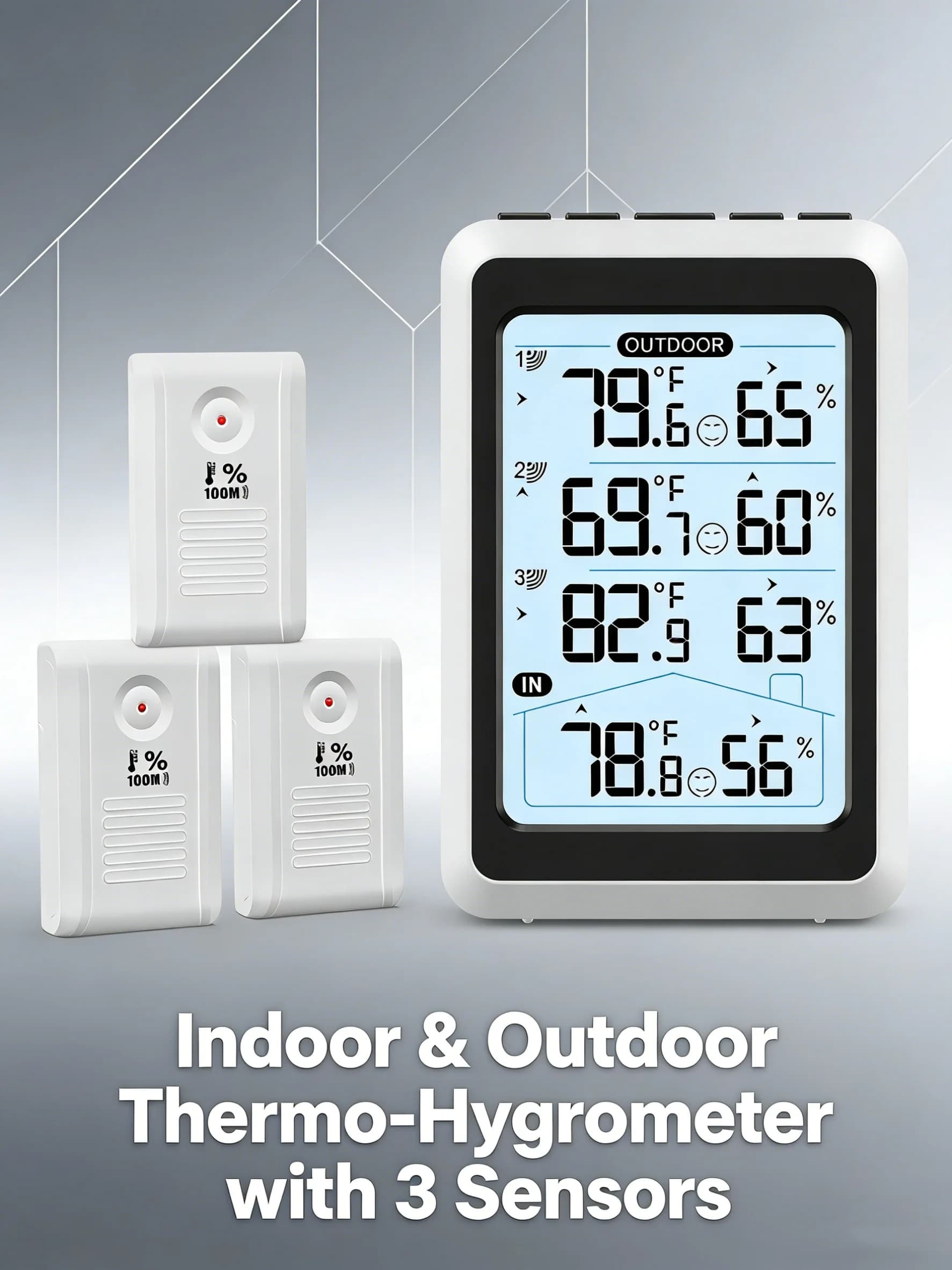 ORIA Internal wireless hygrometer Digital thermometer Temperature and humidity Meter Monitor with 3 sensors for home office bedroom