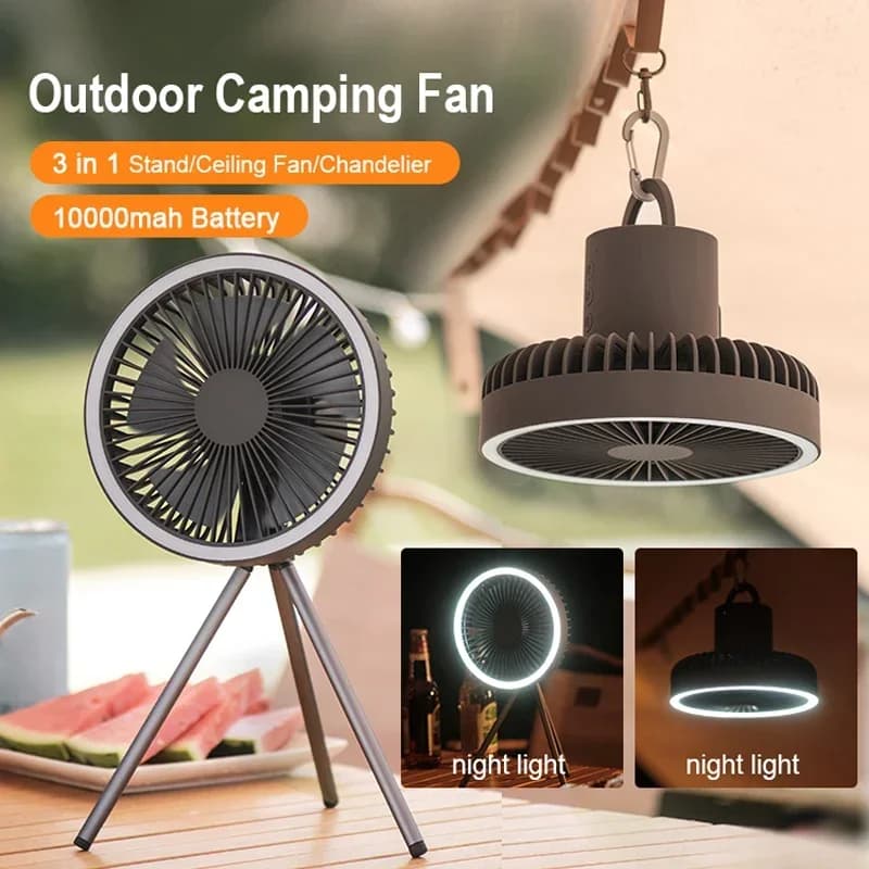 Ventilatore portatile da 10000 mAh Ventilatore da campeggio esterno per la casa Illuminazione a LED Supporto per treppiede Desktop con Power Bank Ventilatore elettrico da soffitto wireless