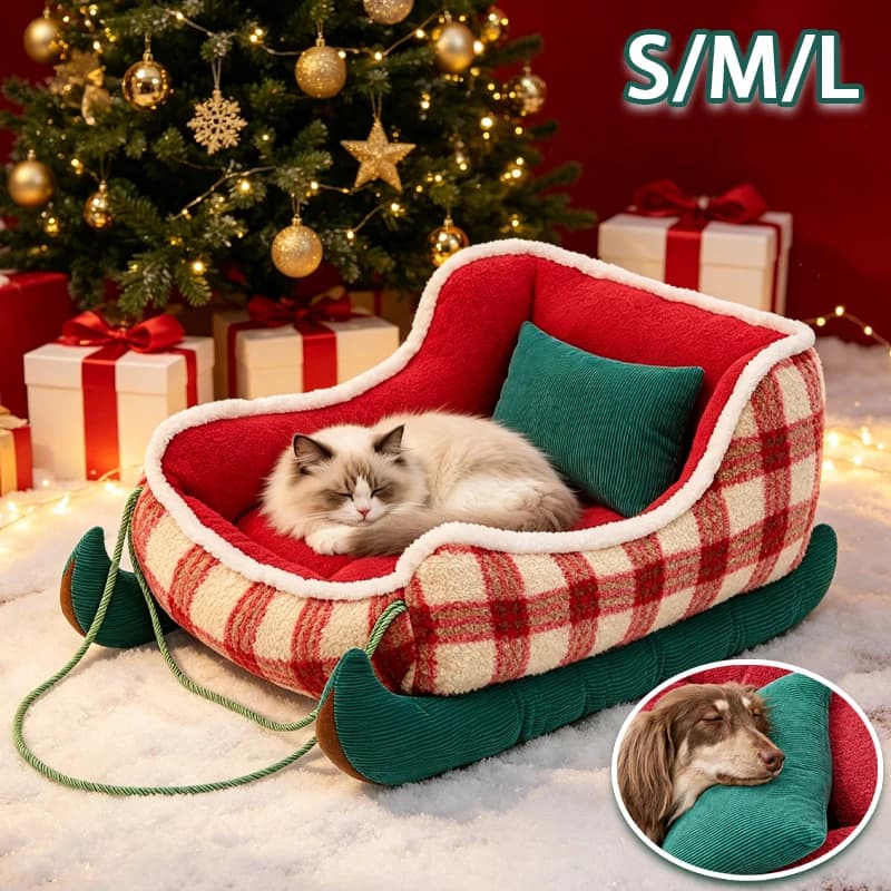 Winter Christmas Sleigh Pet Bed Cozy Checked Pattern Cat Dog Couch Bed Ergonomic Raised Rim Design for Small‑Medium Breed Pets