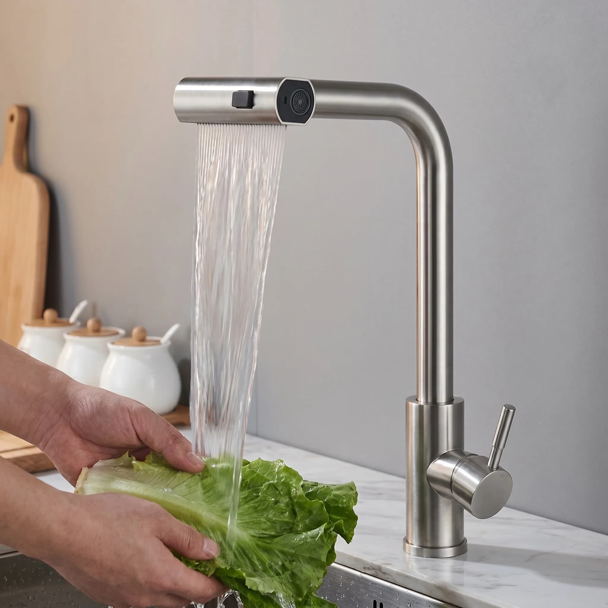 SANIVITAL Rubinetto da Cucina Estraibile Spazzolato con 3 Modalità di Acqua e Rotazione a 360° ° Rubinetto miscelatore girevole a maniglia singola per lavello