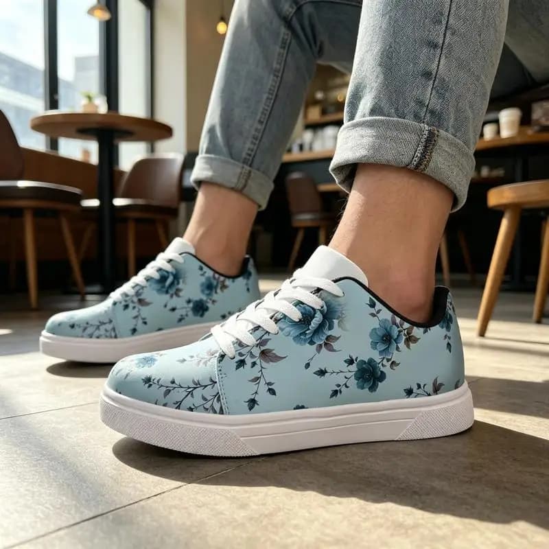 Ladies Men's Road Running Shoes，White sneakers with floral print，Light blue floral pattern，Comfortable and Breathable，Suitable f