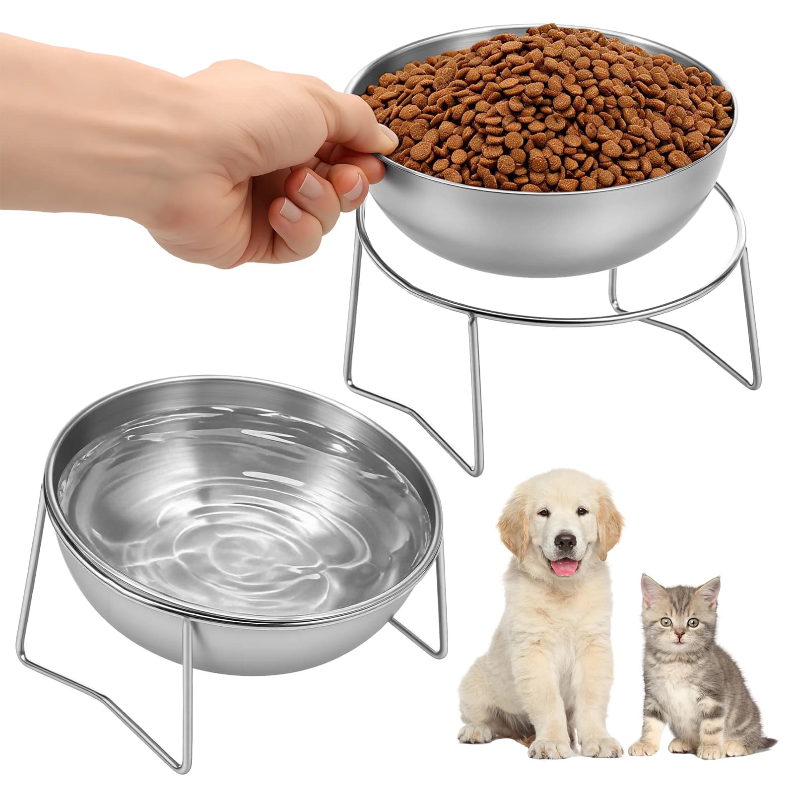 2Pcs Elevated Stainless Steel Cat Bowl Tilted Neck Guard Cat Food Bowl 15° Pet Food Water Bowl For Kitten Puppy