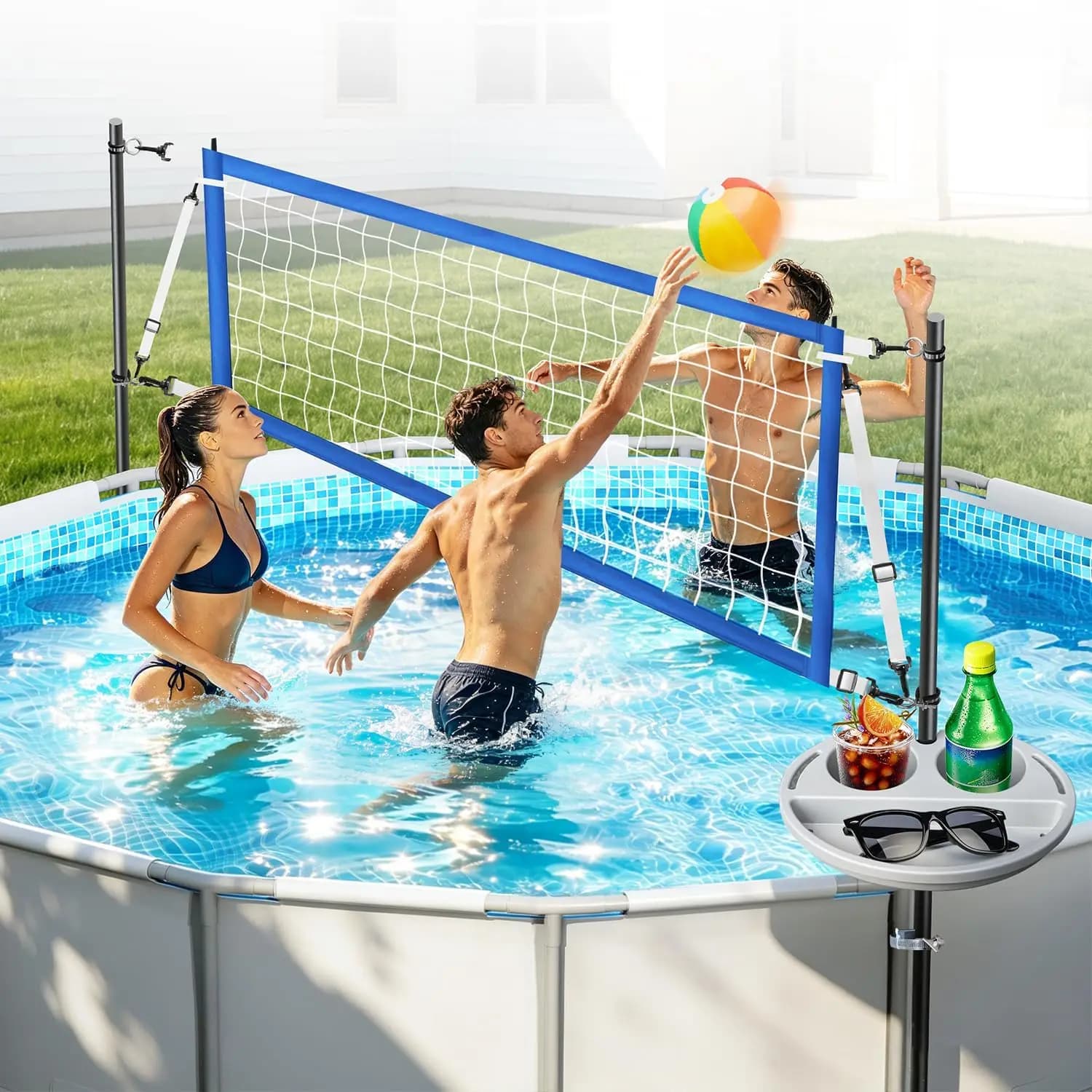 Volleyball Net Set for Above Ground Pools with Storage Tray – Adjustable 10-20 FT Width Anti-Sagging Pool Volleyball Net – Outdoor Poolside Game Accessories Includes Ball, Pump, Poles