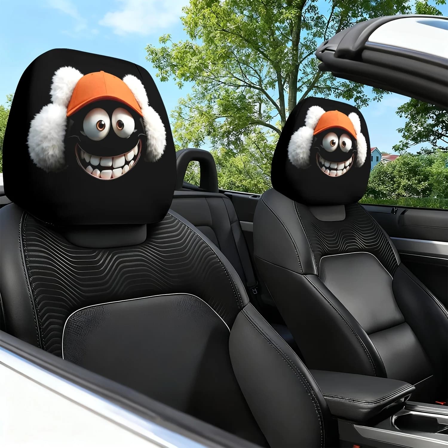2pcs Orange Hat Fun Expression Printed Car Headrest Covers | Comfortable, Universal Fit for Sedans, Trucks, SUVs, Ideal for Tr