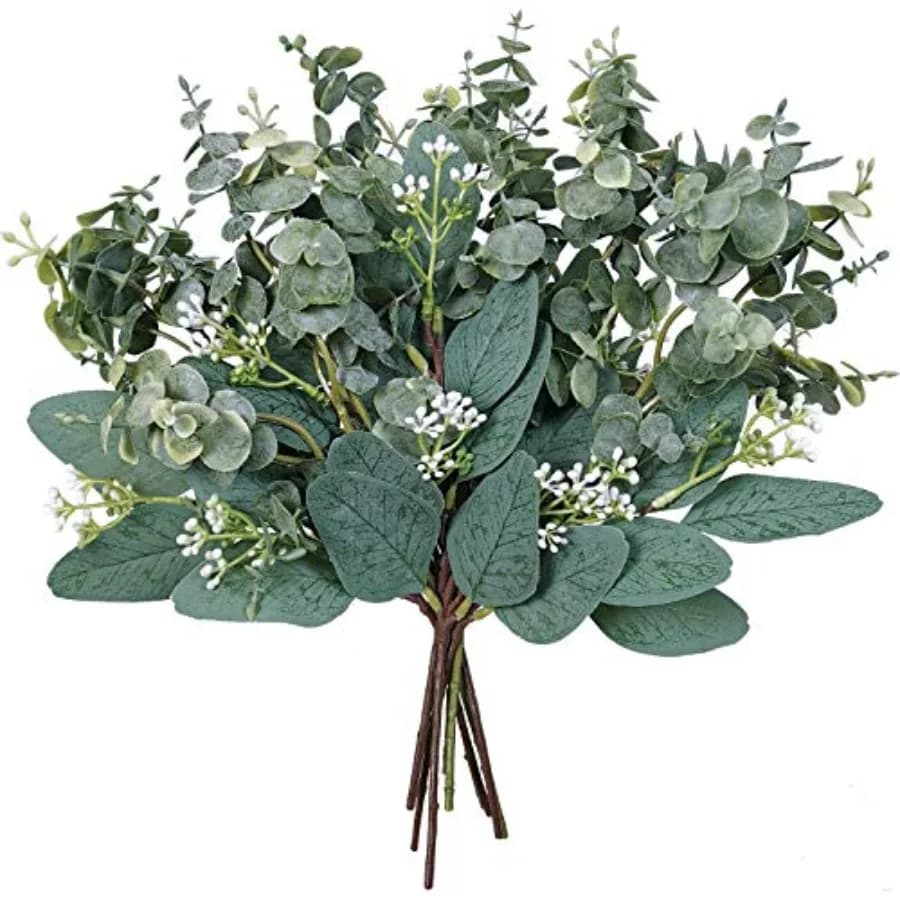 Mixed eucalyptus leaves with stems, Artificial eucalyptus leaves, Fin eucalyptus leaves Oval with stems and white seeds for decorations