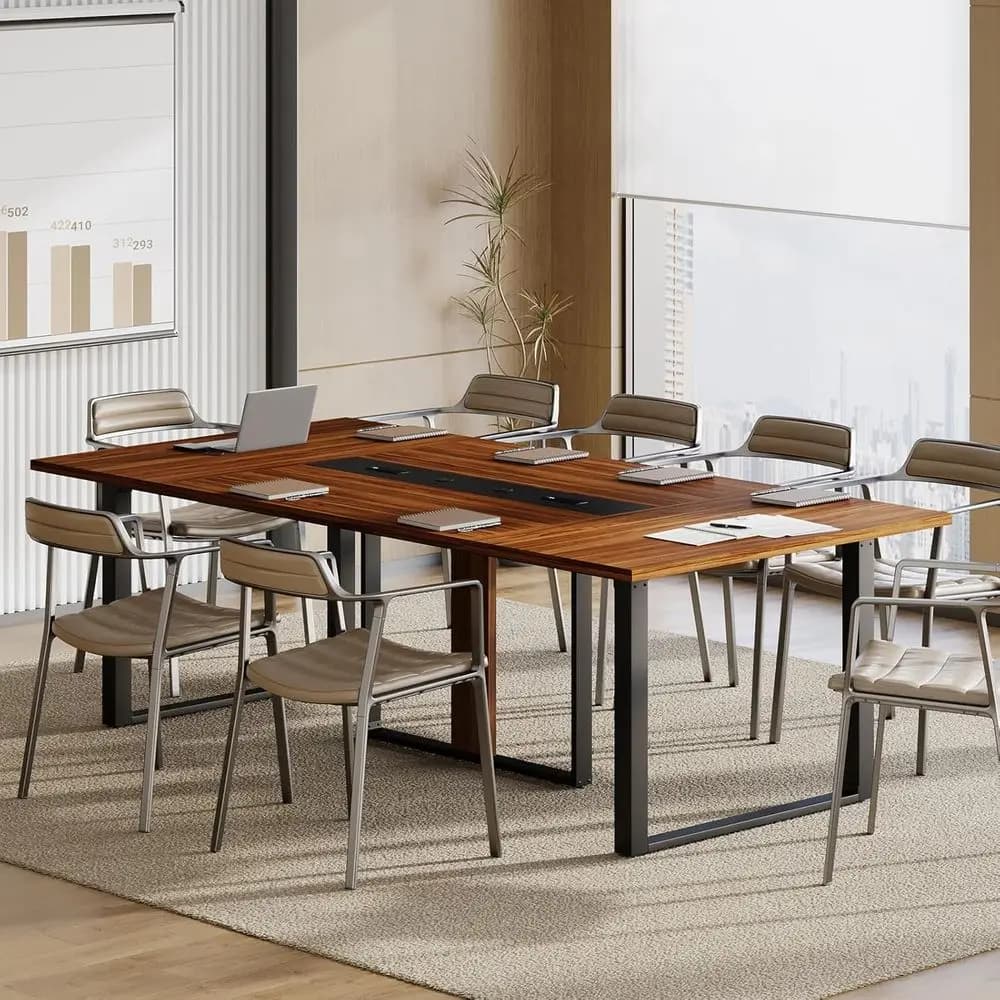 Tavolo da Conferenza Industriale in Metallo per 10 Persone con Prese di Corrente e Gestione dei Cavi