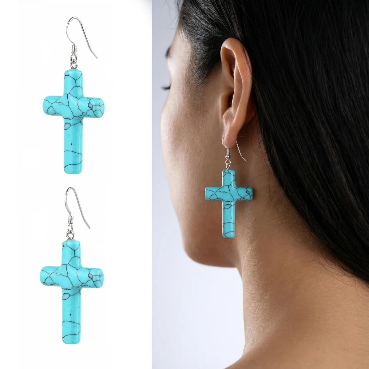 Orecchini Pendenti con Croce in Turchese per Donne e Ragazze, Charm in Cristallo, Gancio in Argento, Gioielli Religiosi per Uso Quotidiano
