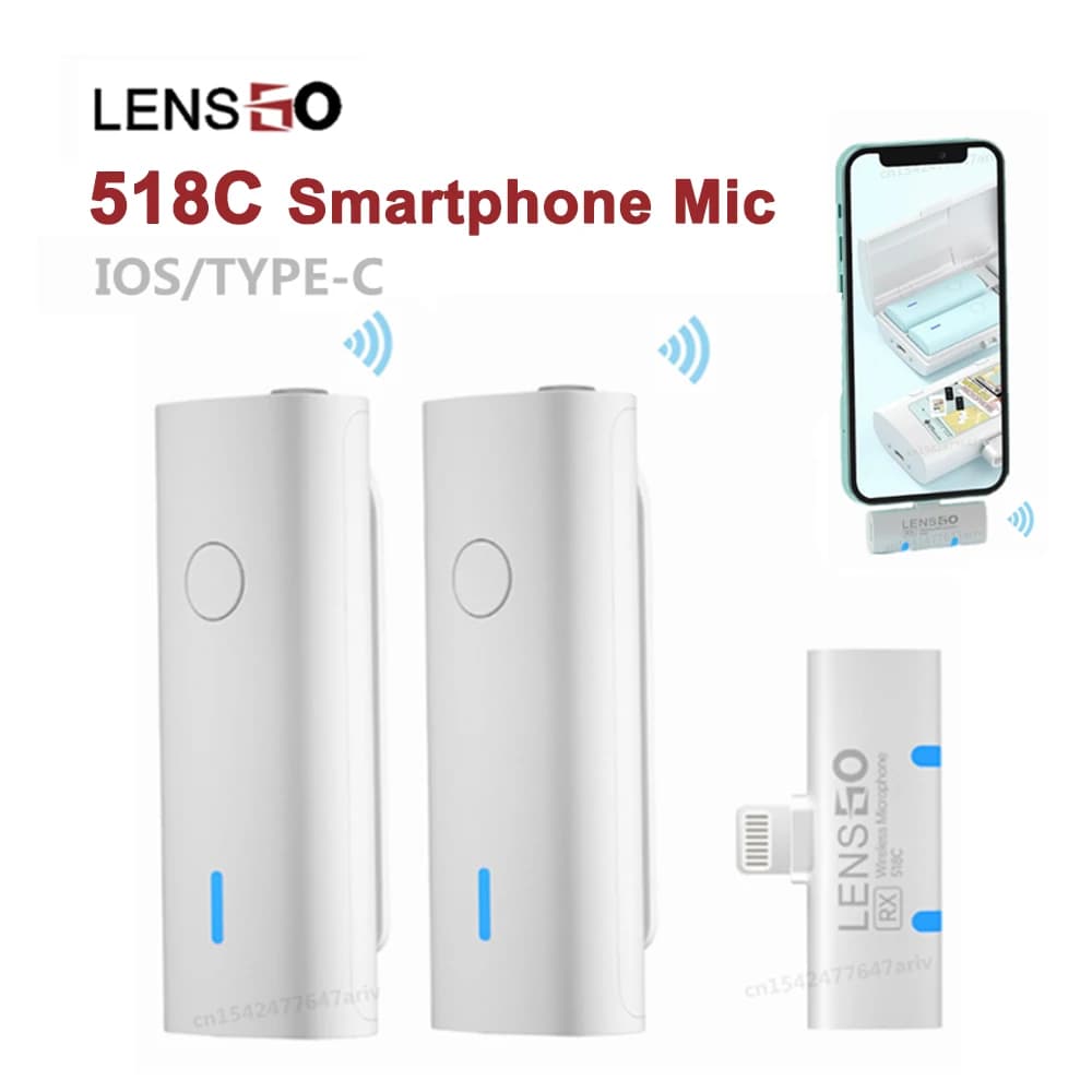 LENSGO 518C Sistema microfonico lavalier wireless per smartphone Mini microfono per registrazione audio video per iPhone Android Phone Live Stream
