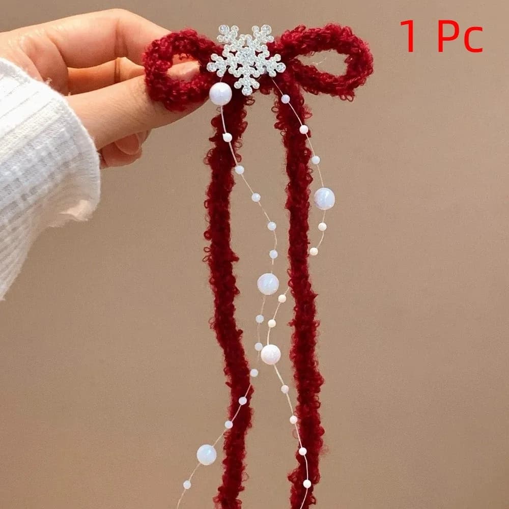 Tassel Red Bow Hairpin Snowflakes Rhinestone Long Ribbon Bow Hair Clip Y2k Korean Style Headwear New Year Headwear Christmas