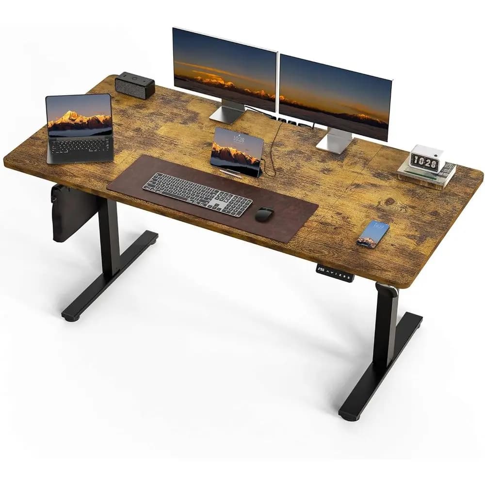 Rustic Brown 63 x 30 Electric Standing Desk: Large Adjustable Height Desk for Home Office, Supports Dual/Triple Monitors
