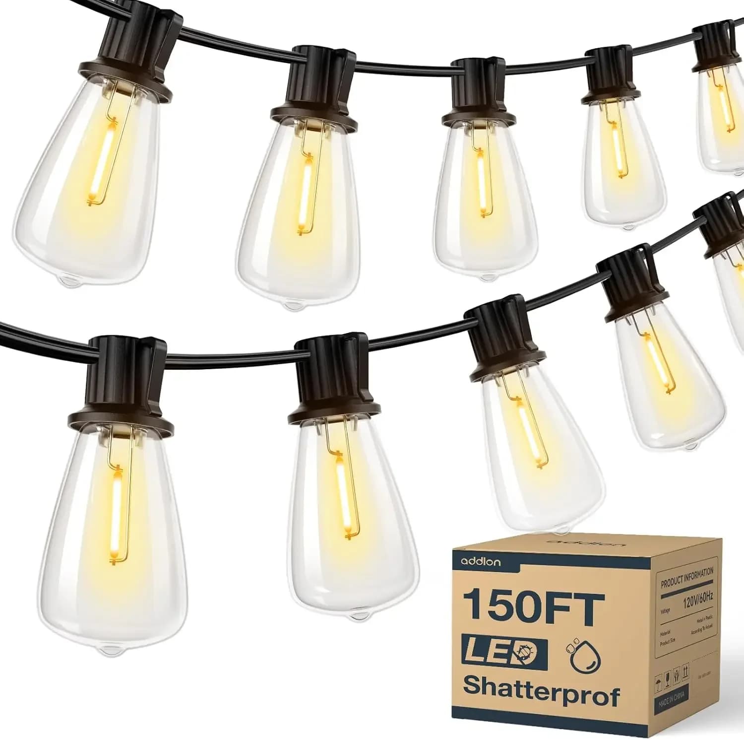 Luci a stringa per esterni a LED da 150FT Luci da patio impermeabili Lampadine sostituibili ST38 infrangibili Luci a sospensione esterne dimmerabili