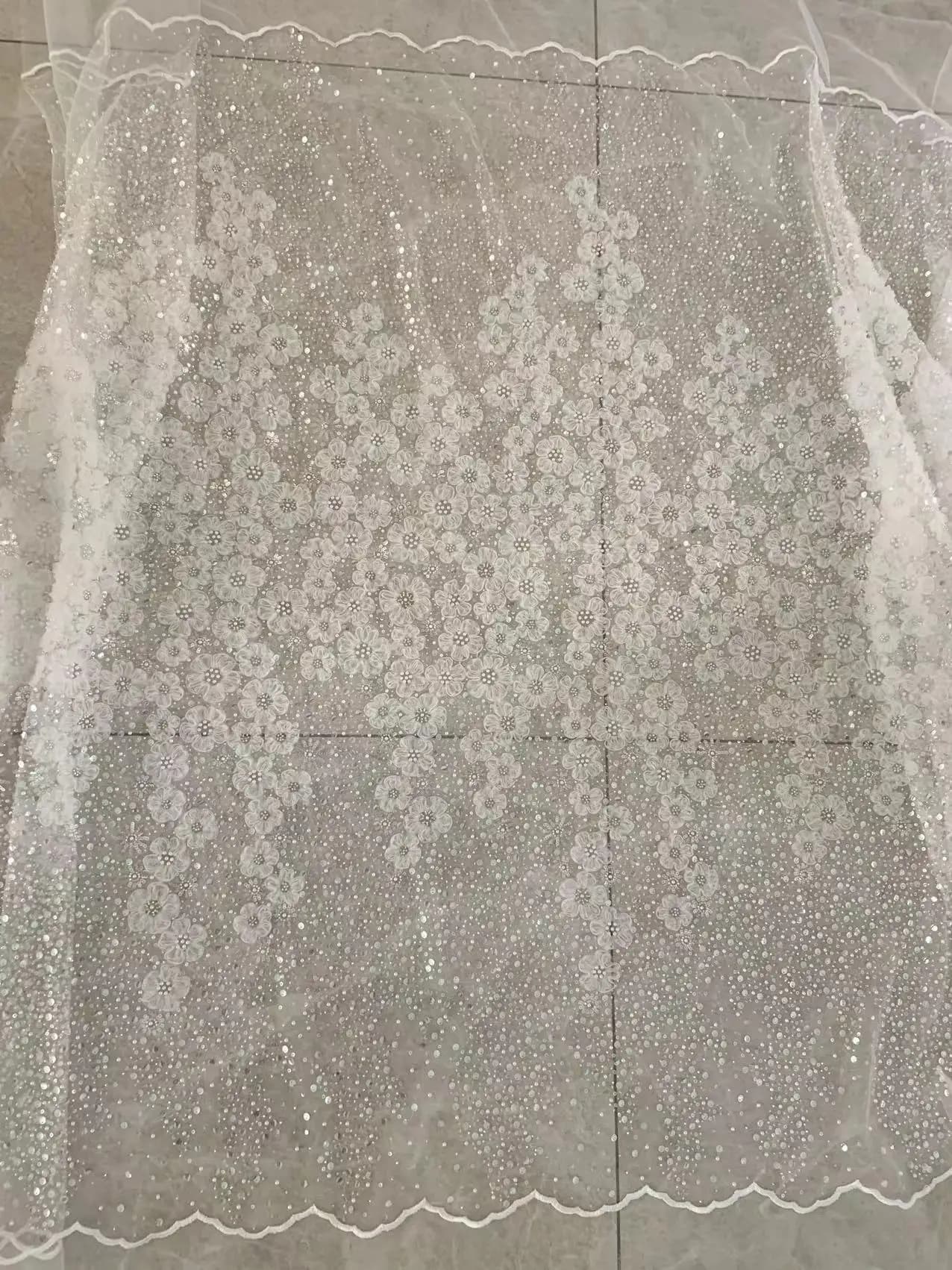 1 meter of dirty white tulle fabric with beads and lace, with 3D flowers in fairy-tale style sequins for wedding dress, party costume, dance dress