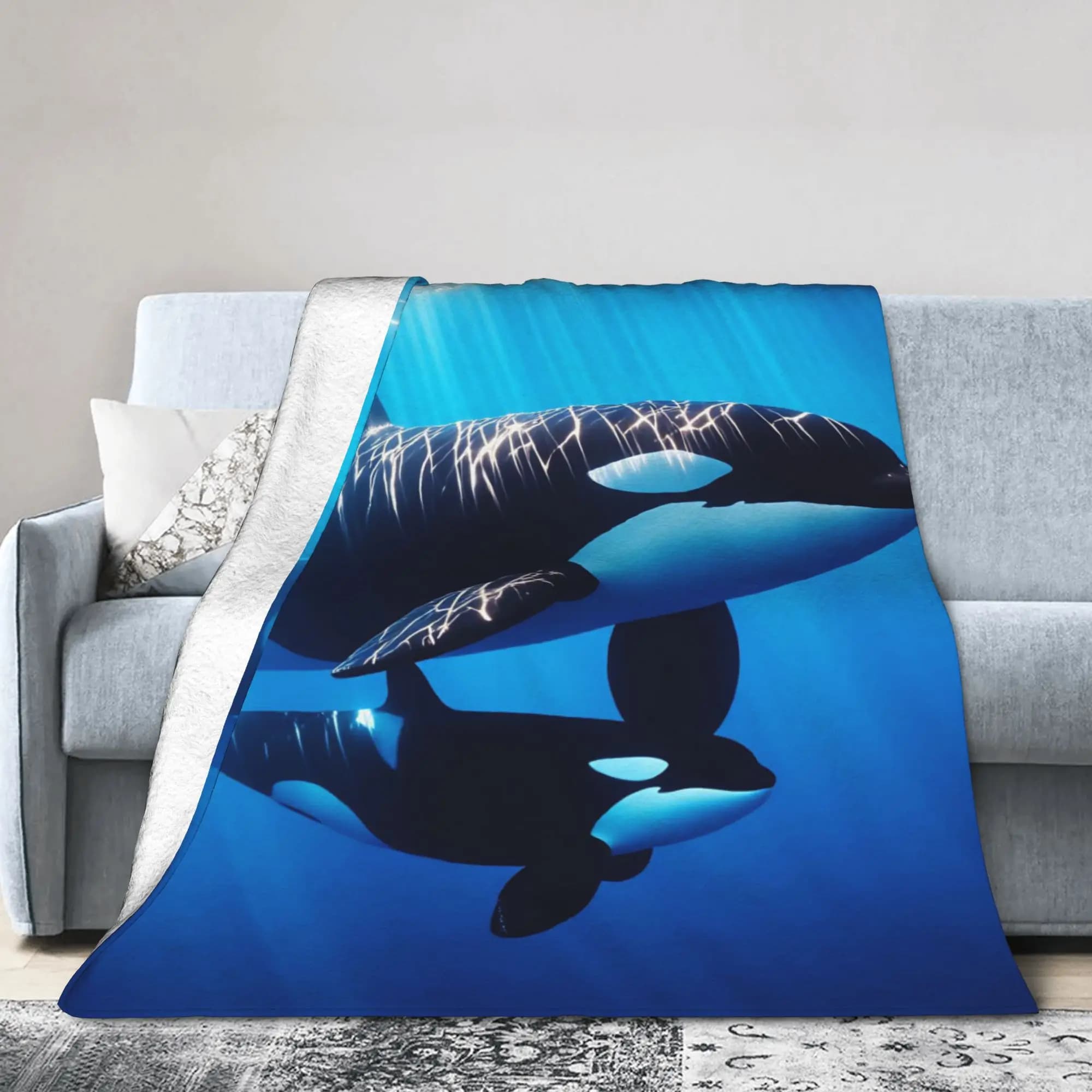 Coperta calda e accogliente per picnic, coperta in flanella Orcinus orca, copriletto per divano, copriletto divertente per la casa