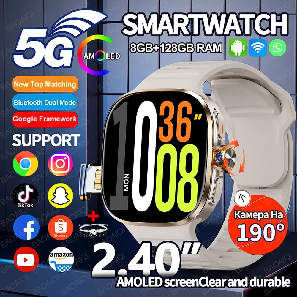 5G/4G Watch Smart 2.40 inch AMOLED 8GB + 128GB RAM 2100mah Battery 900W GPS Camera WIFI Google APPS Download Android 10 Smartwatch