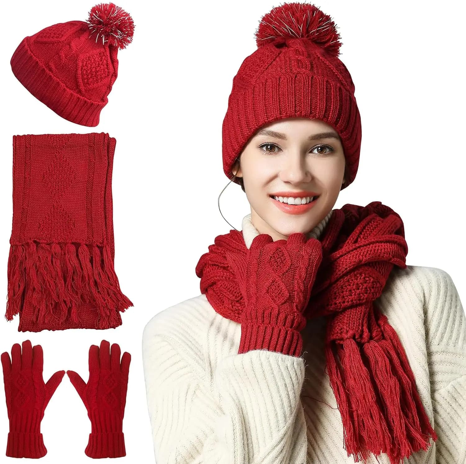 Set Invernale da Donna: Sciarpa, Guanti e Cappello, Berretto con Sciarpa Lunga e Guanti Touchscreen, Accessorio Caldo 3 in 1