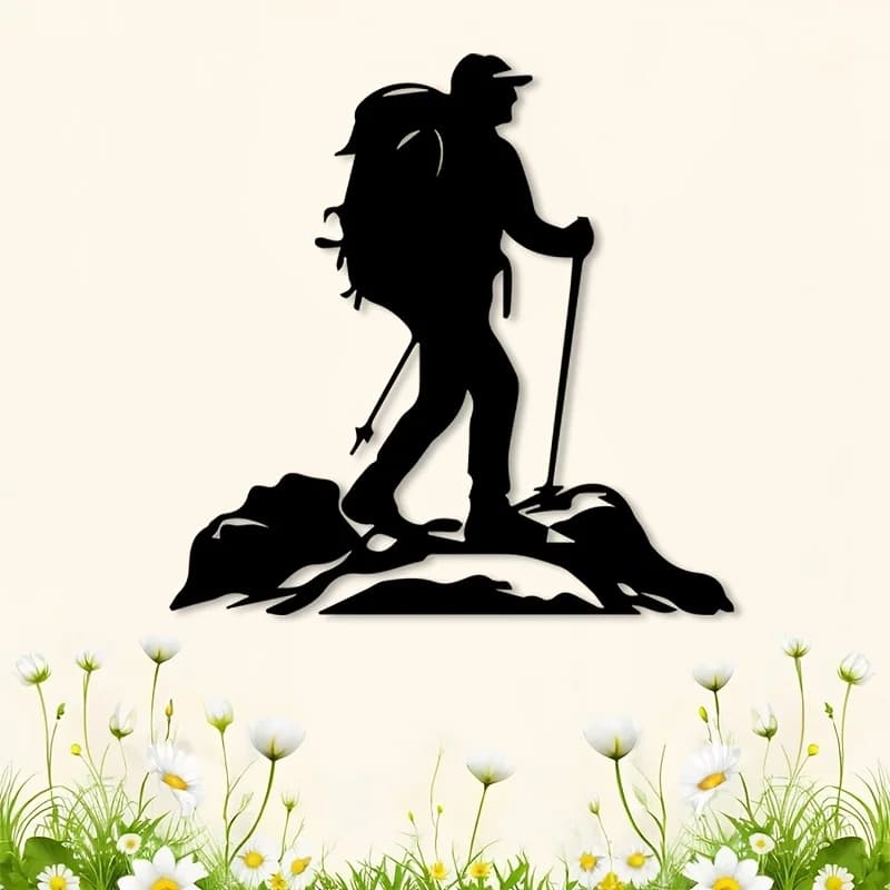 Hiking Metal Wall Sculpture Trekking Pole Backpack Iron Art Living Room Office Christmas Adventure Gift Trail Lover Rustproof