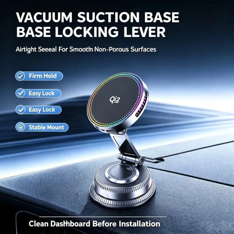 Magnetic Car Mount Charger for GPS Navigation 25W Qi2 Fast Wireless Charging Vacuum Suction Base Cooling Fan N52 Foldable