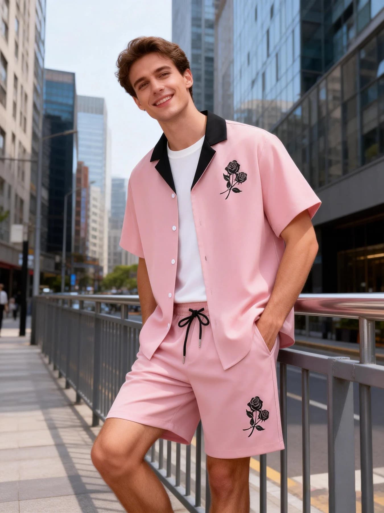 Men's Color-Blocked Lapel Black Rose Print Cardigan Shirt and Drawstring Shorts Two-Piece Set, Street Vacation Men's Outfit, Men's Summer Trendy Printed Two-Piece Set