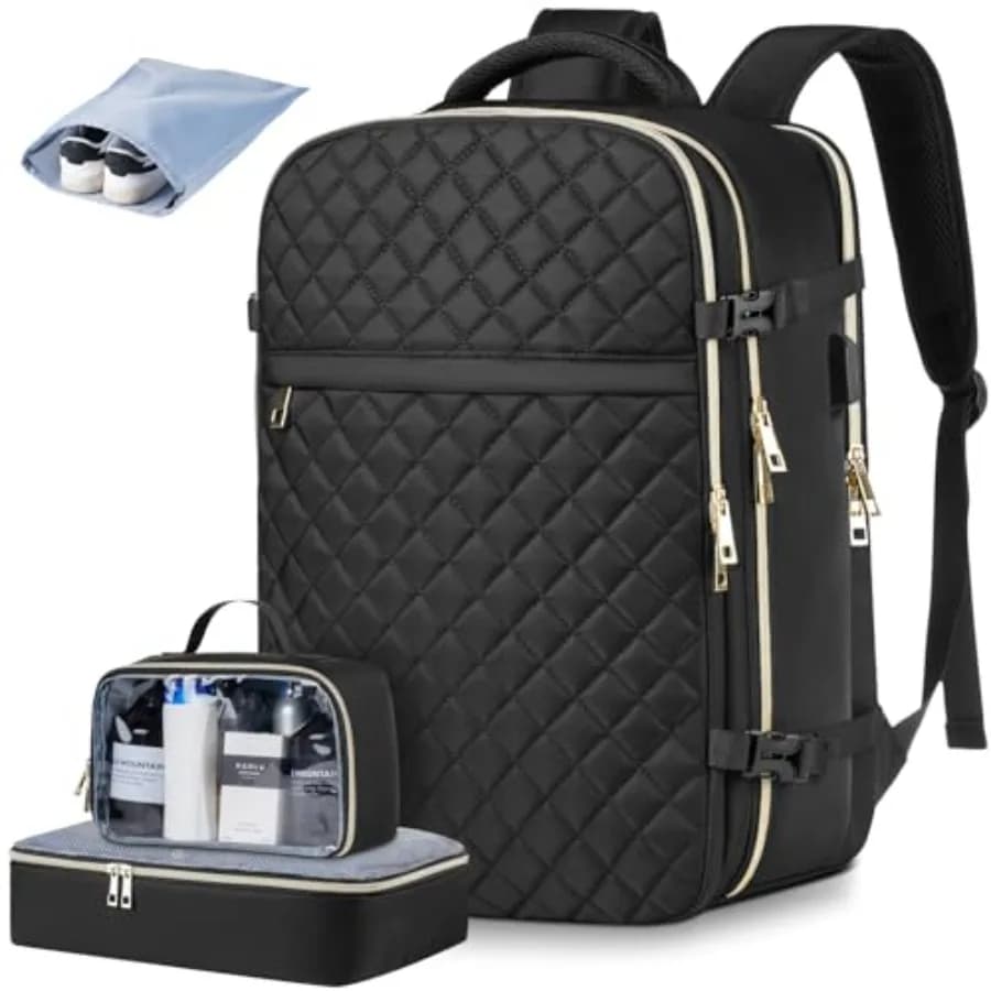 Zaino da viaggio per donna, zaino da cabina approvato Airline con 3 cubi portaoggetti, zaino per laptop con porta di ricarica USB, casual