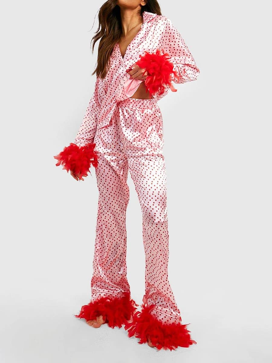 Set pigiama in raso da donna Loungewear autunno primavera cuore stampa polsino in piuma manica lunga bottoni con risvolto top con pantaloni lunghi Sleepwear