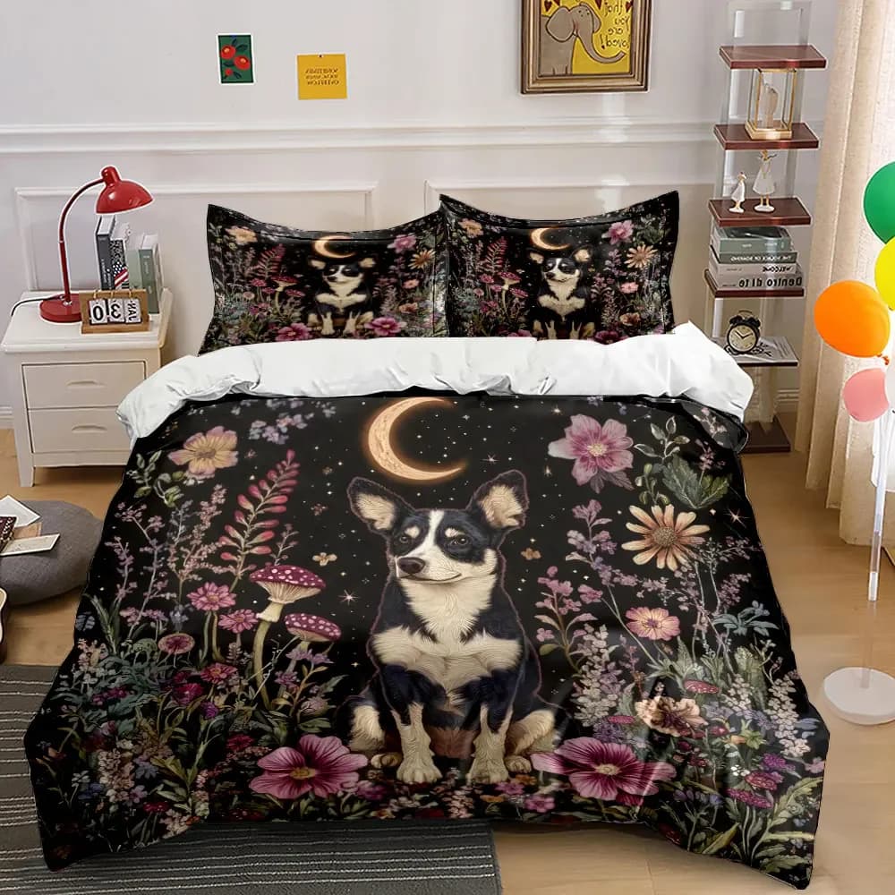 Set di biancheria da letto con copripiumino morbido e confortevole con decorazioni floreali a tema cani al chiaro di luna, include 1 copripiumino e 2 federe, regalo