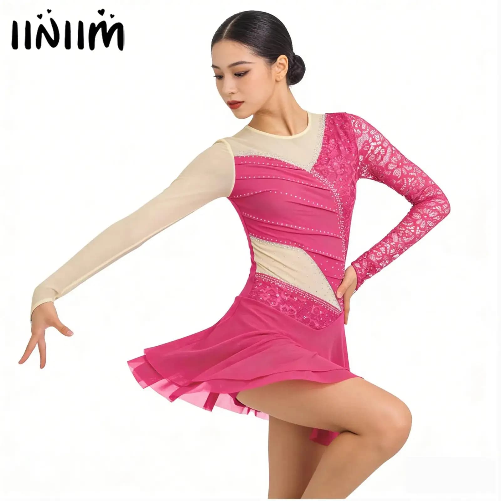 Abito da Pattinaggio Artistico Floreale in Pizzo per Donna, Vestito con Strass Scintillanti e Maniche Lunghe per Danza Lirica e Spettacoli di Balletto