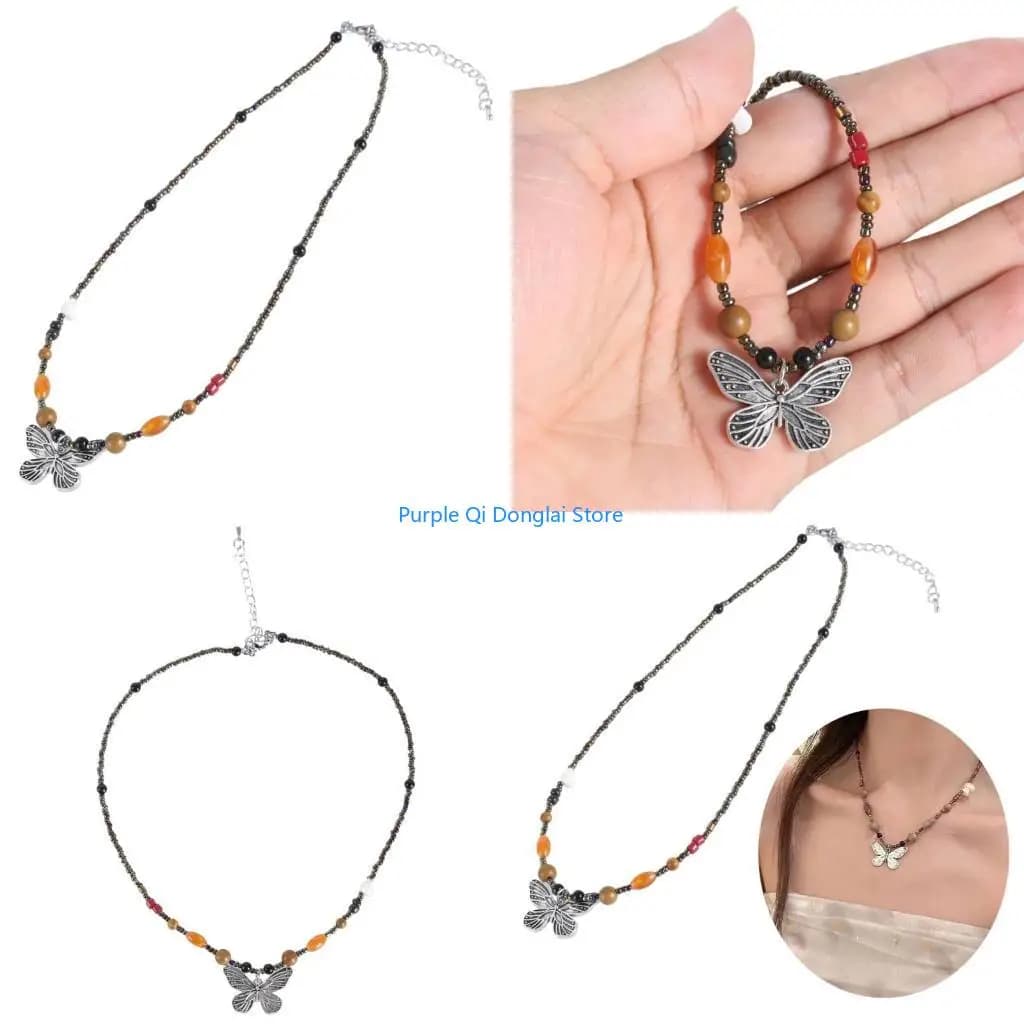 L21E Collana girocollo con ciondolo farfalla con perline colorate Catena regolabile con clavicola per gioielli fatti a da