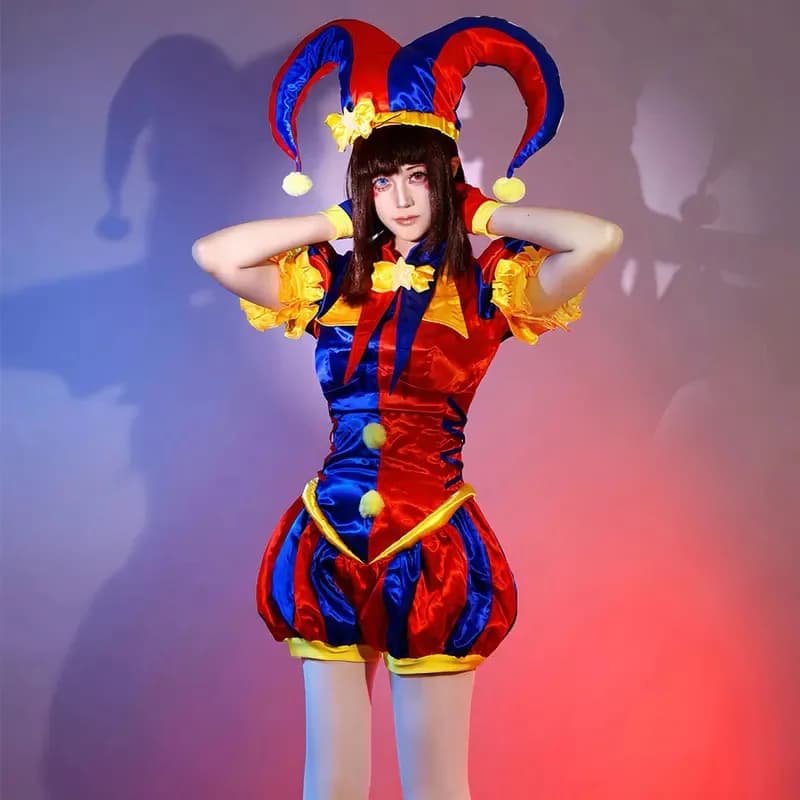 Costume da giullare rosso blu cosplay da clown femminile adulto, tuta e cappello con guanti, calzini, costumi da festa di Natale, Halloweenx;