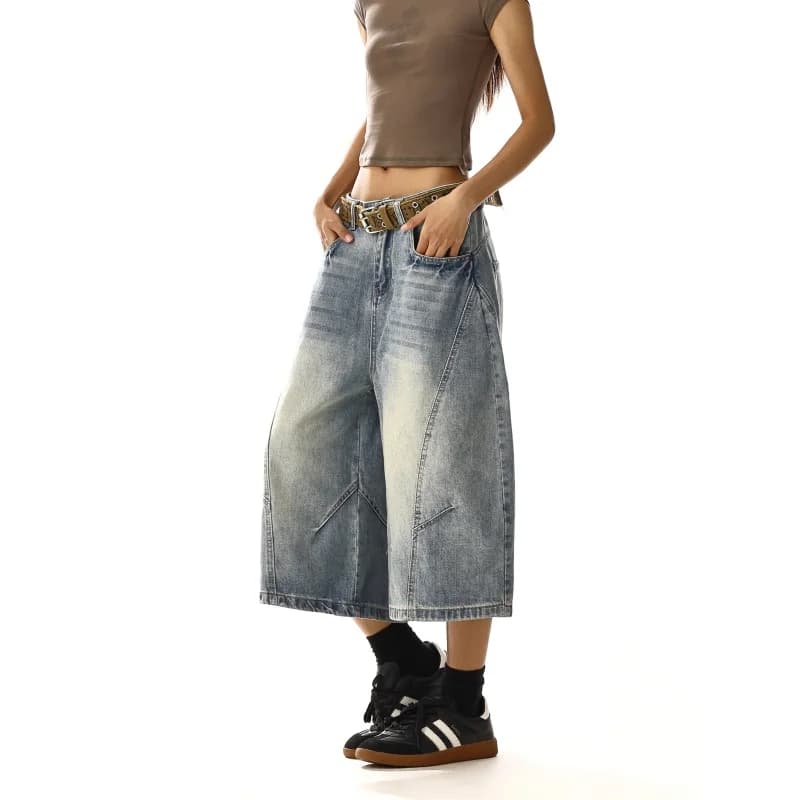 Unisex short jeans with wide legs and curved women's trousers cool girl calf pants Straight female capris jeans shorts