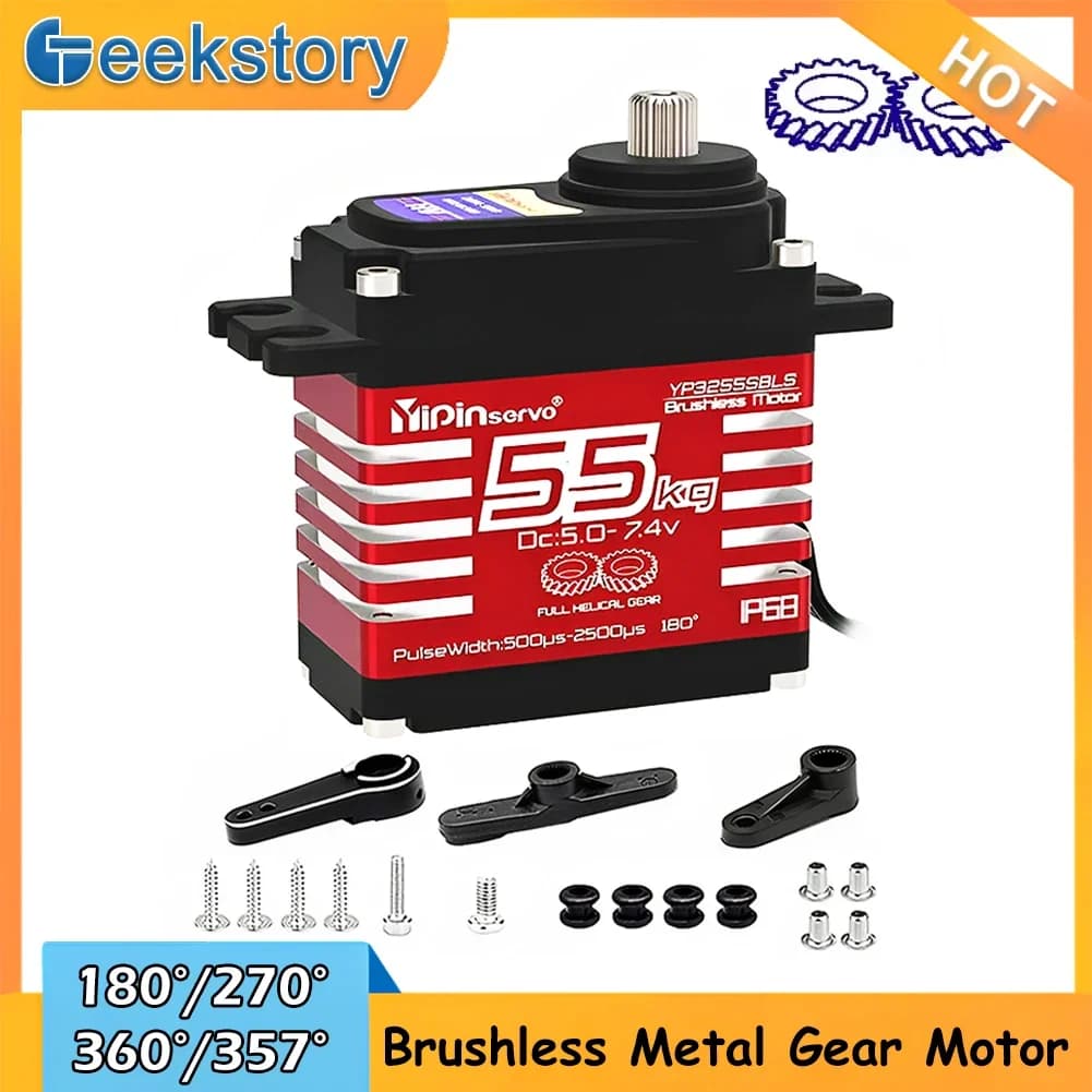 Servo digitale da 55 kg 7.4 V 180/270/360/357 gradi Servomotore RC senza spazzole ad alto colpo IP68 ingranaggio elicoidale in acciaio per auto RC 1/8, 1/10