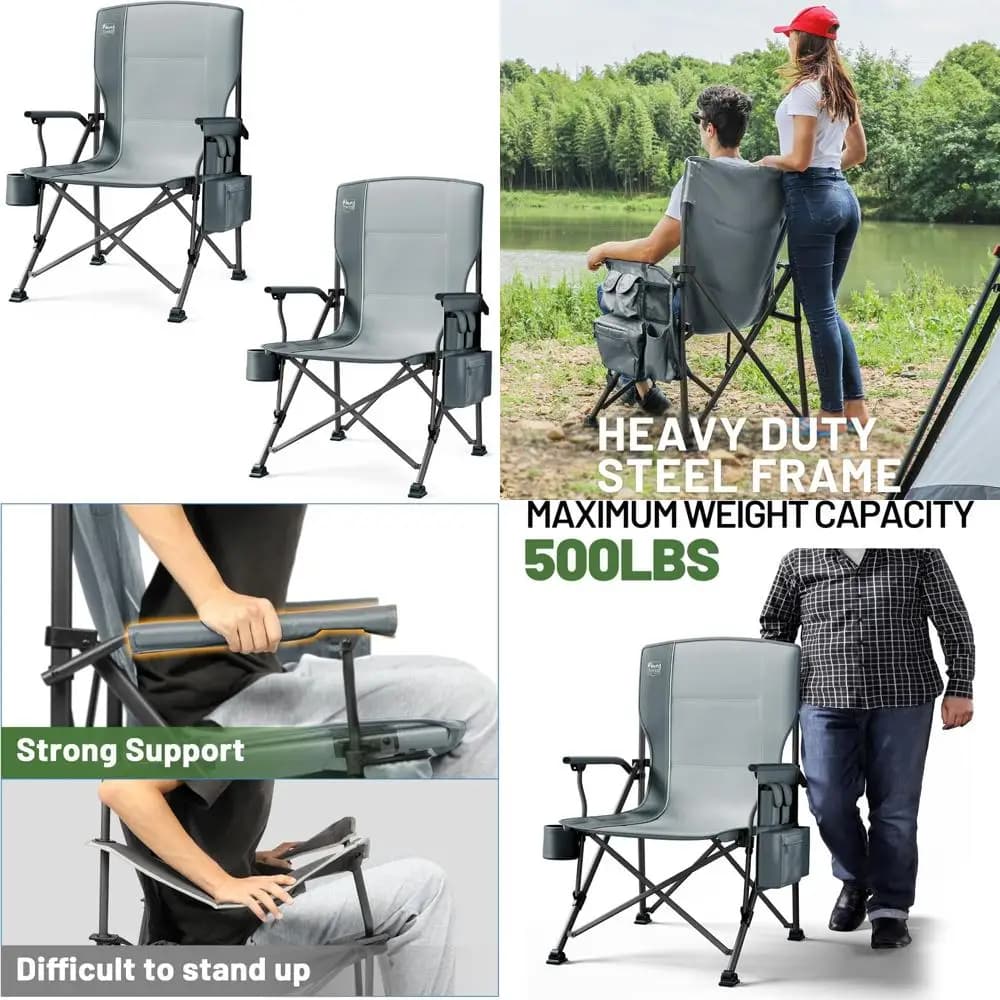Sedia da campeggio pieghevole oversize per carichi pesanti per adulti con schienale alto, portabicchieri e tasca laterale, supporto fino a 500 litri