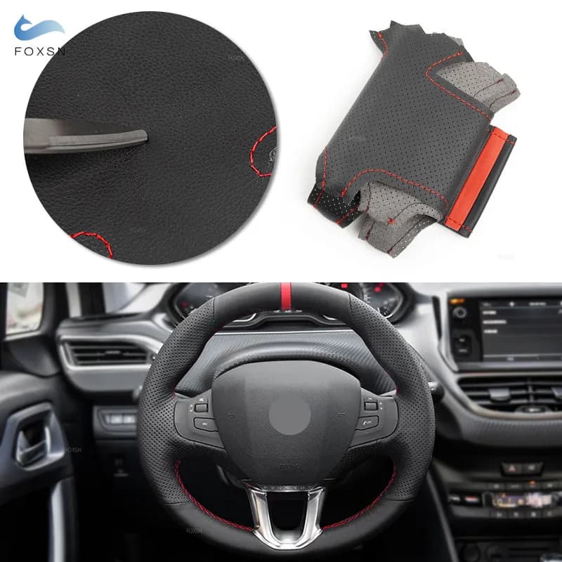 For Peugeot 208 / 2008 2014 2015 2016 2017 2018 Hand Stitched Car Steering Wheel Cover Perforated Leather Trim Accessories