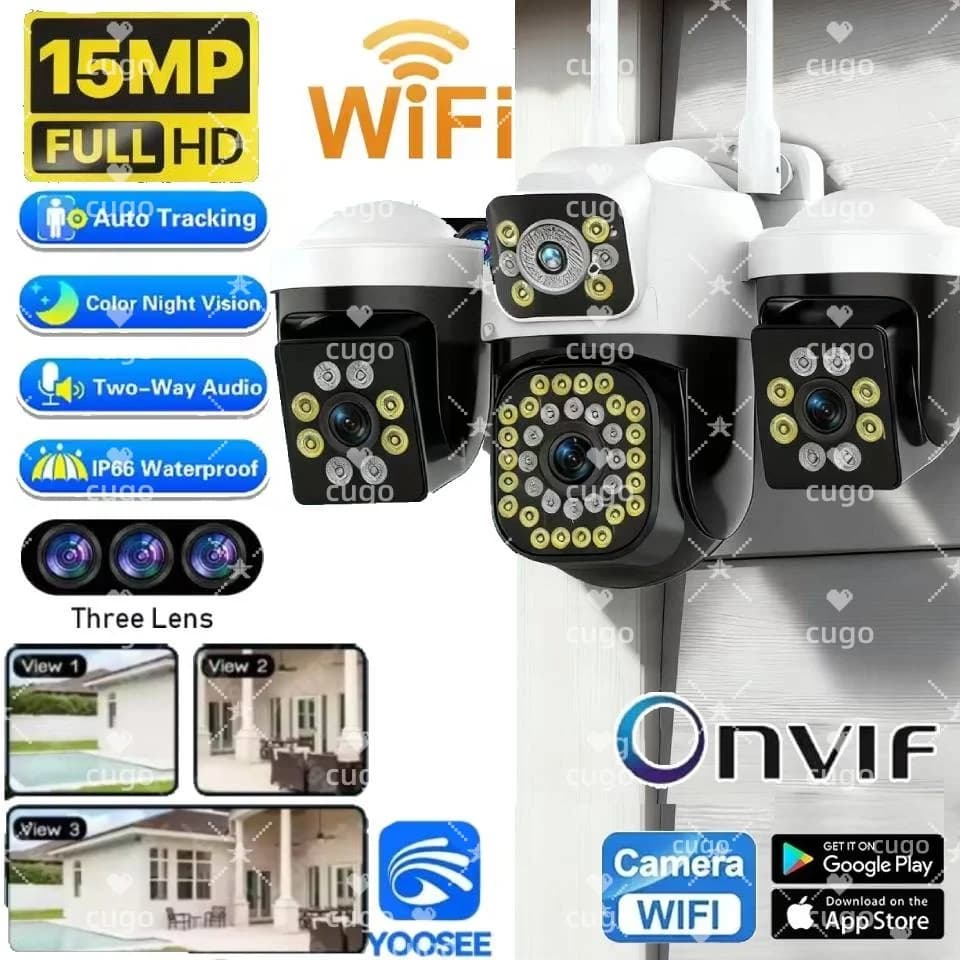 15MP IP Camera with 3 Objectives, 3 Screens, Zoom 10X, PIR Human Detection, Waterproof, Night Vision, CCTV Security, Onvif Protection