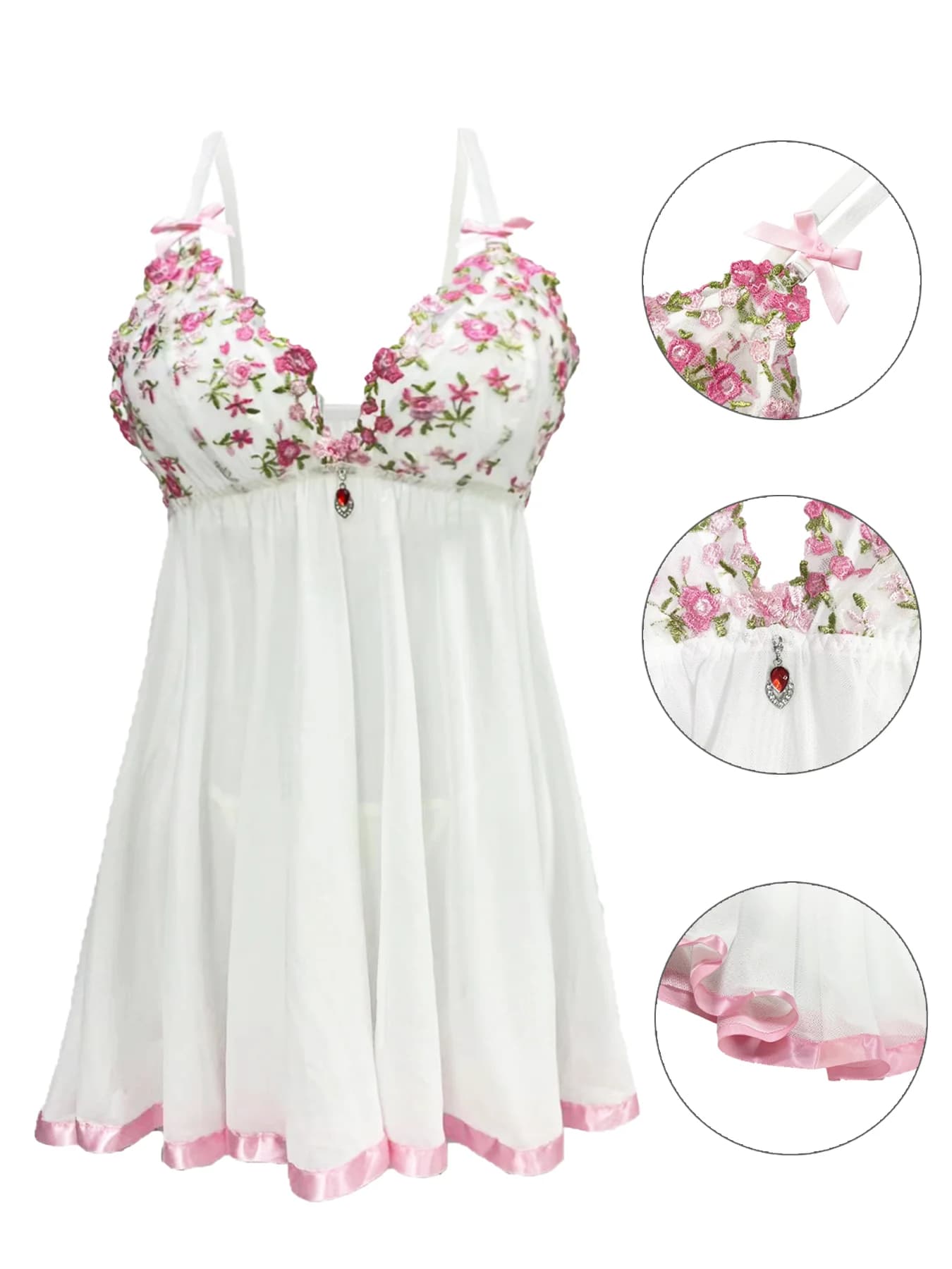 White Floral Embroidery Babydoll Lingerie V‑Neck Rhinestone Pendant Adjustable Straps Pink Satin Trim Sheer Mesh Night Dress