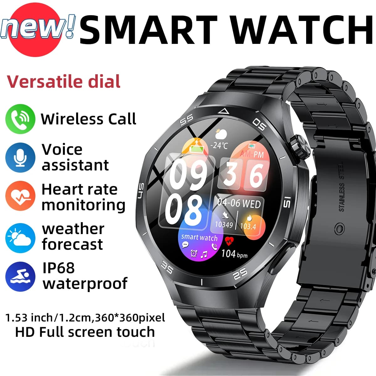 2025 Sport all'aria aperta Impermeabile Astuto Della Vigilanza Degli Uomini 1.53 "Schermo HD Monitor di Frequenza Cardiaca BT Chiamata di Fitness Uomini Smartwatch Per Android IOS