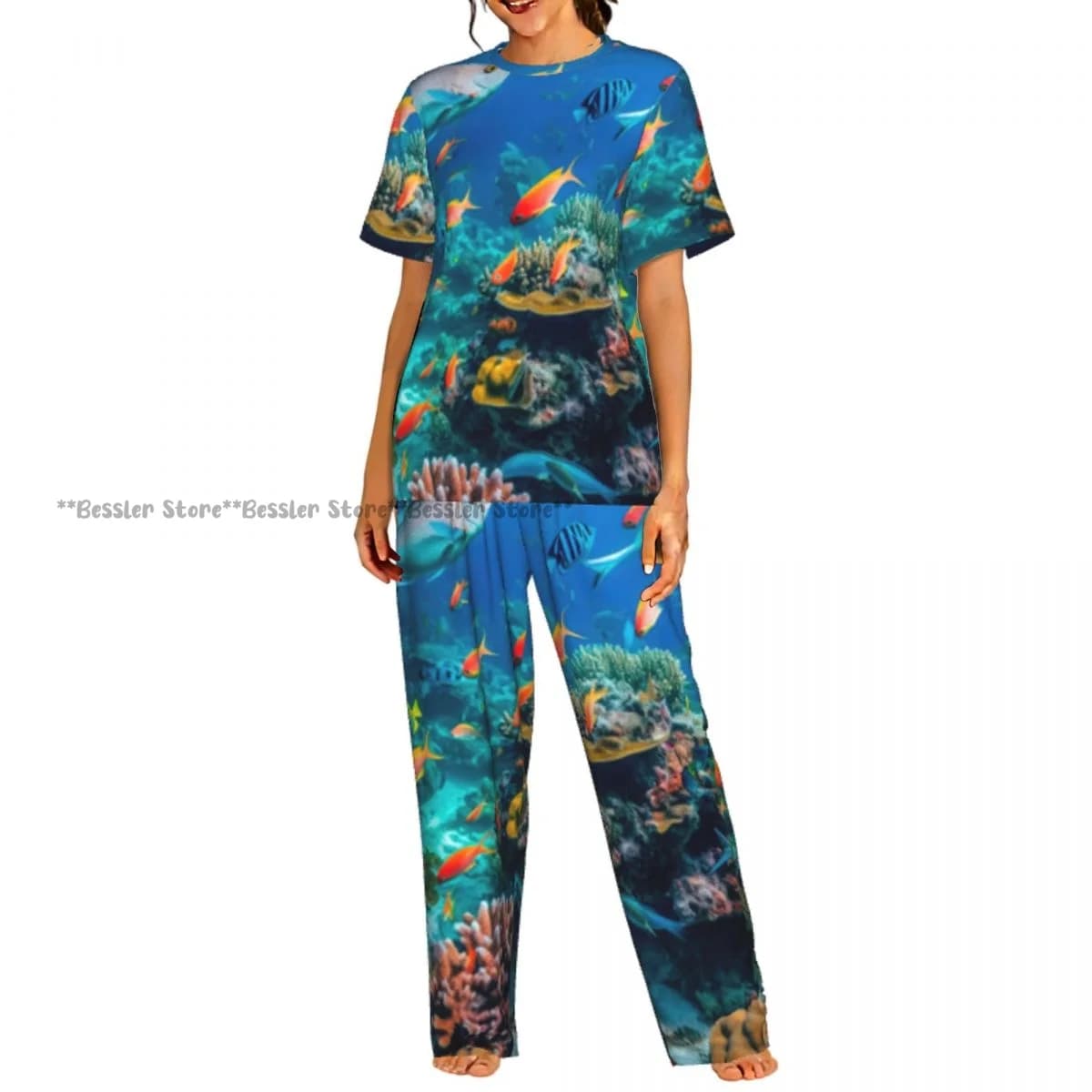 Pigiama da donna con stampa colorata di pesci e animali marini, maniche corte, set da 2 pezzi per casa e relax