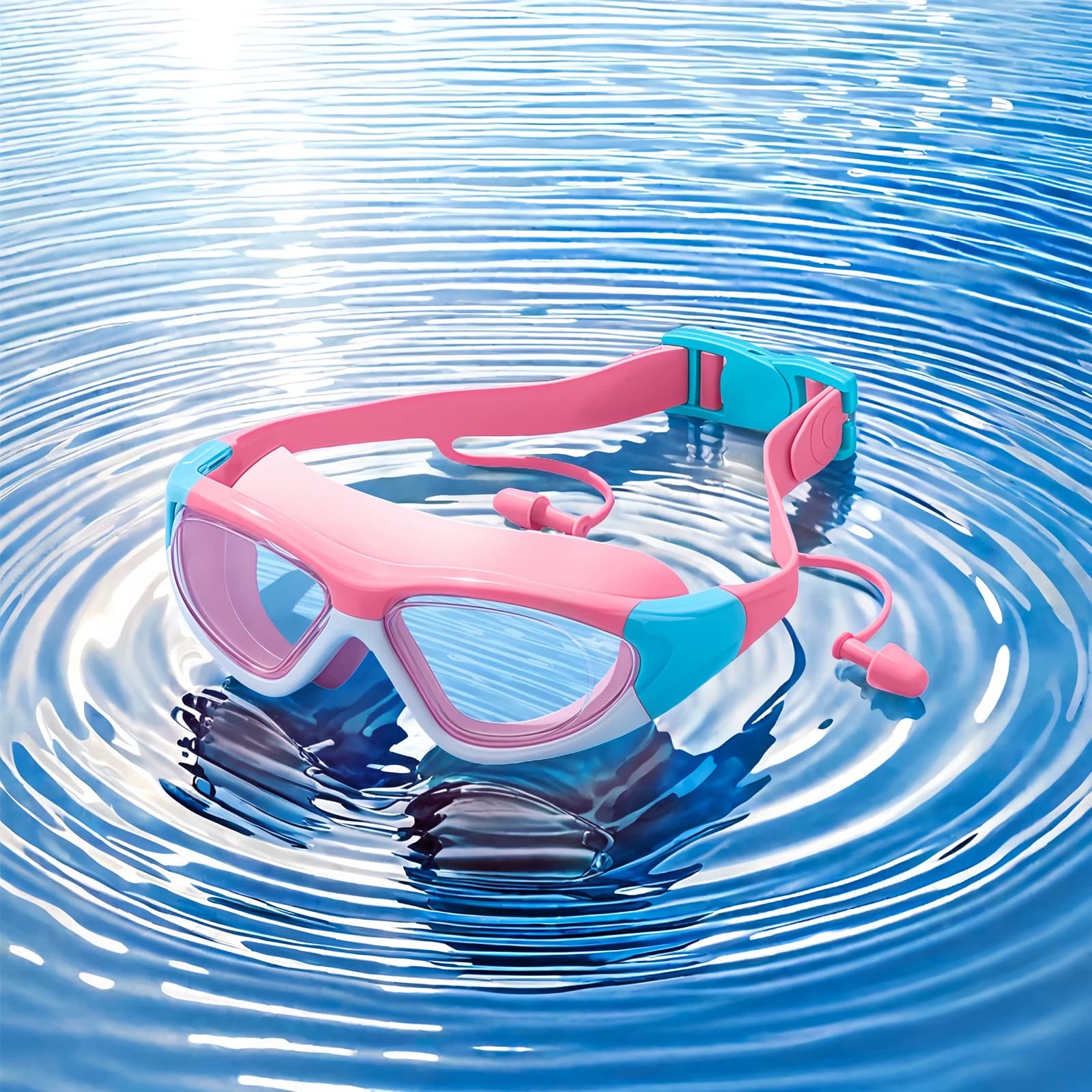 Set of swimming glasses and pink swim cap, UV protection anti-fog, waterproof transparent lenses for women and adults
