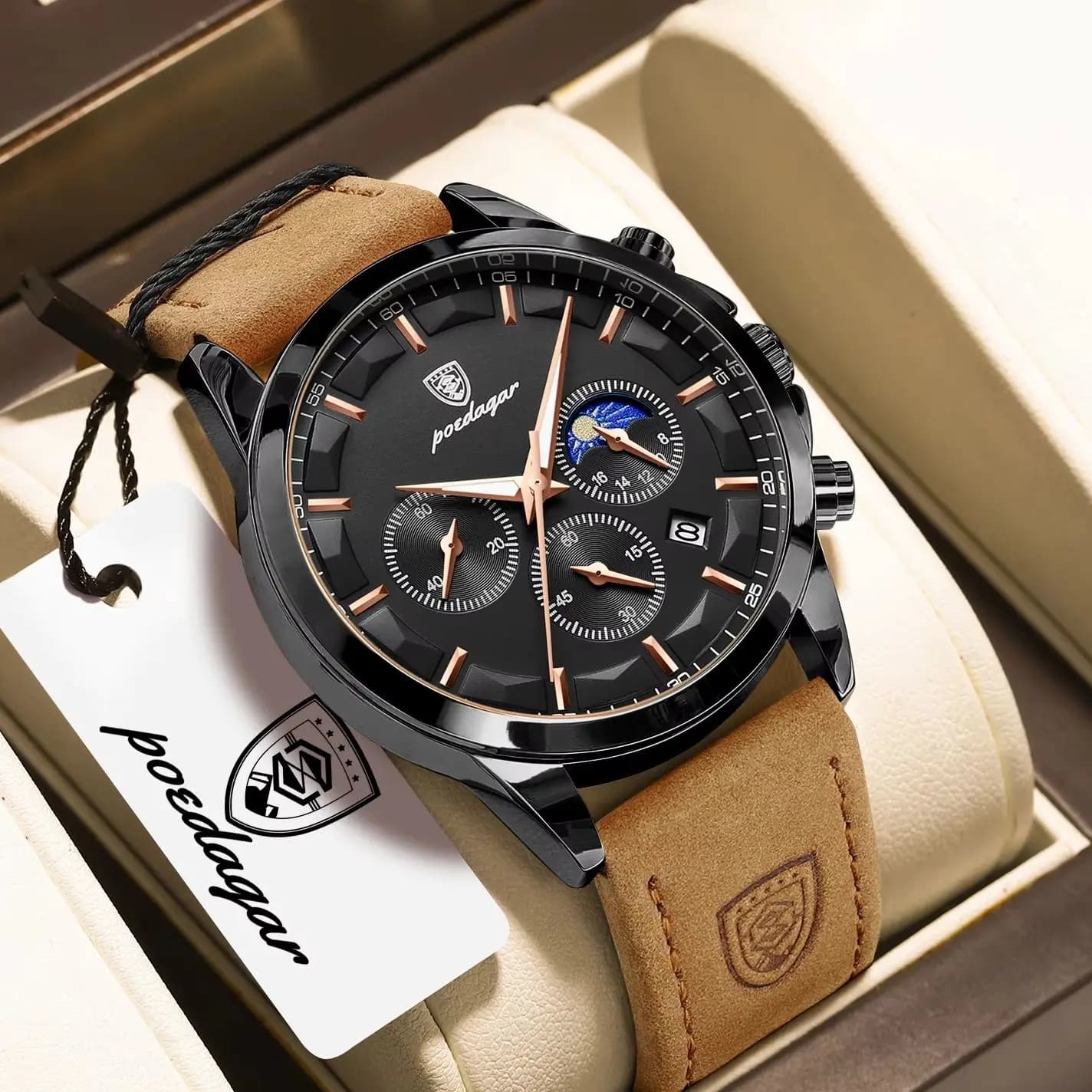 Orologio da Polso POEDAGAR Sportivo di Lusso per Uomo, Cronografo Impermeabile con Data Luminosa, Cinturino in Pelle, Orologio da Uomo Elegante