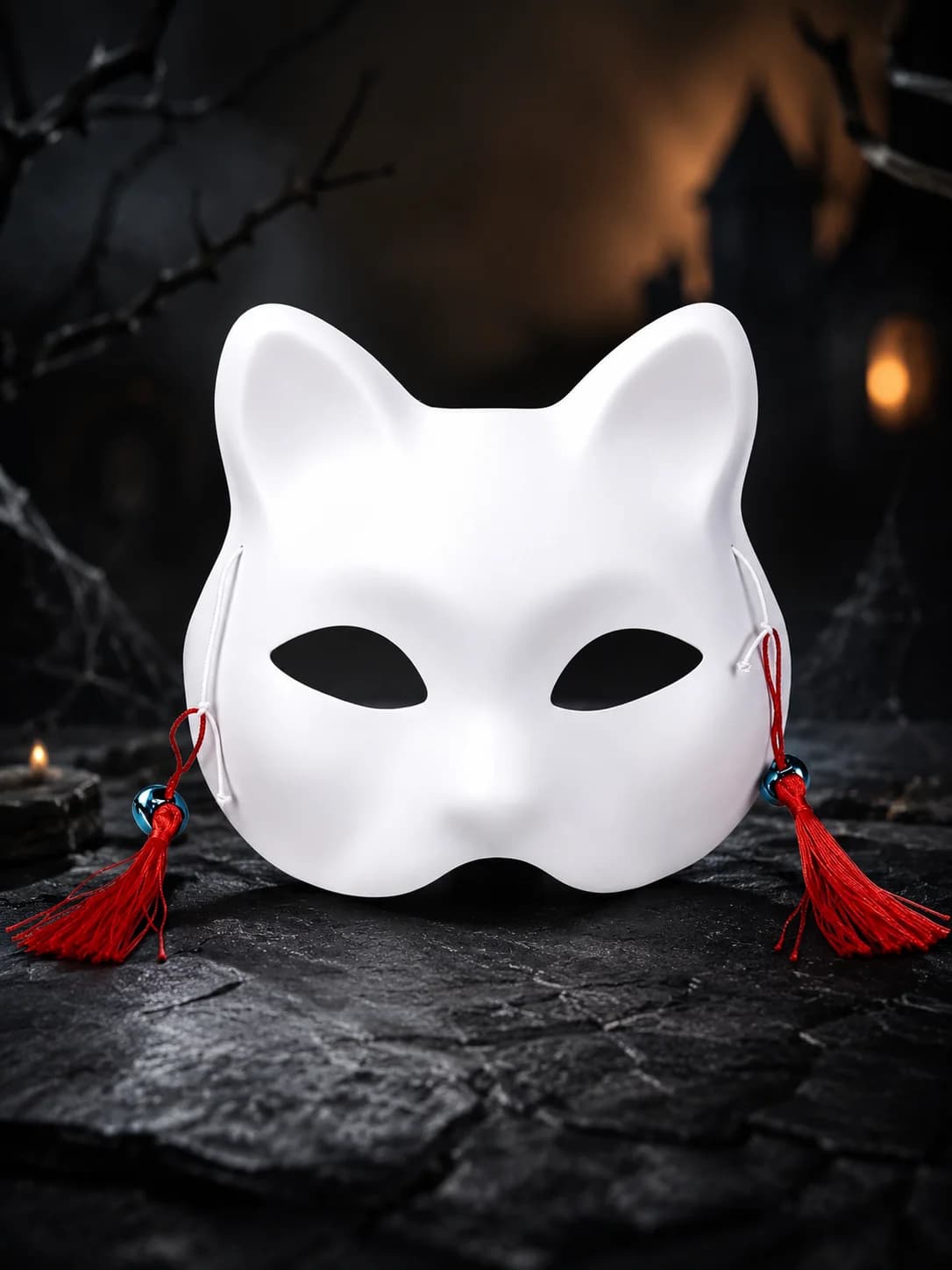 Unpainted Blank Cat Face Mask Kit Unisex Adult One‑Size Light‑Weight Hard Plastic Cosplay Mask Props Ornament With Red Tassel Bells, DIY Hand‑Painting Accessory for Halloween Masquerade Carnival Theme Gathering Cos Dress‑up Photo Shooting Home Decor Holid
