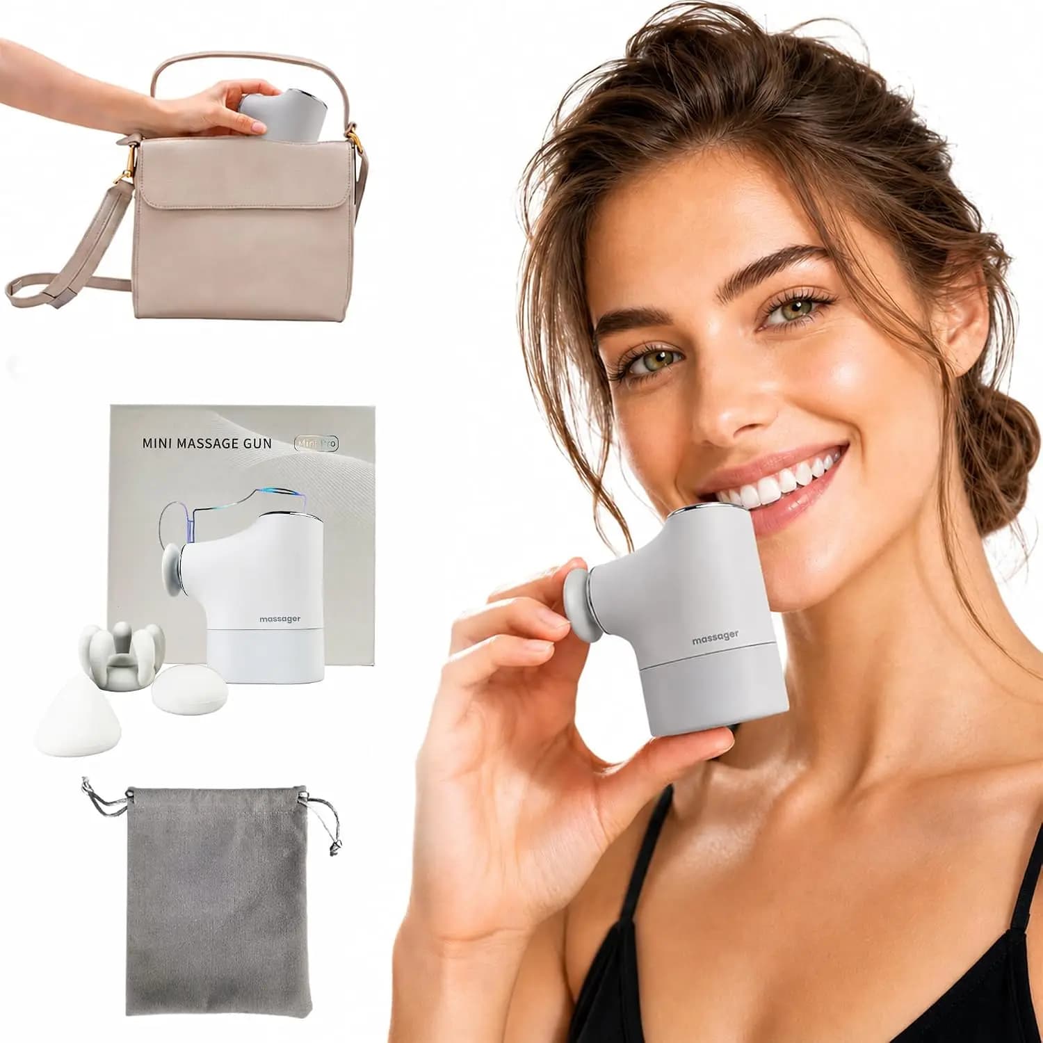 Mini Massage Gun, Portable Deep Tissue Muscle Massager with 4 Heads, Adjustable Speed, Quiet Motor, Rechargeable for Neck, Shoulder, Back & Legs, Gray