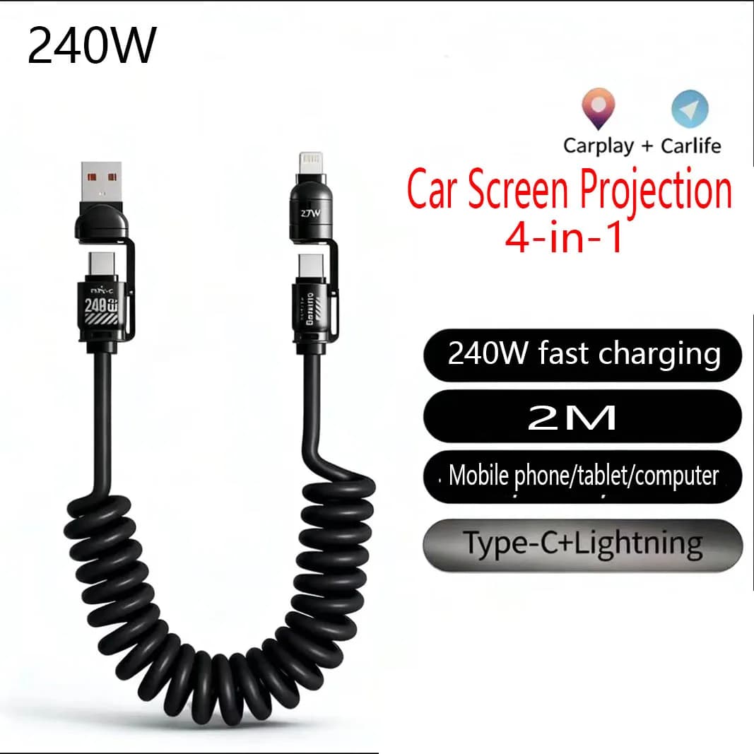 Cavo telescopico a molla da 240W con ricarica rapida PD, USB A/USB C a LT/Type C, cavo di prolunga dati per iPhone, iPad e laptop
